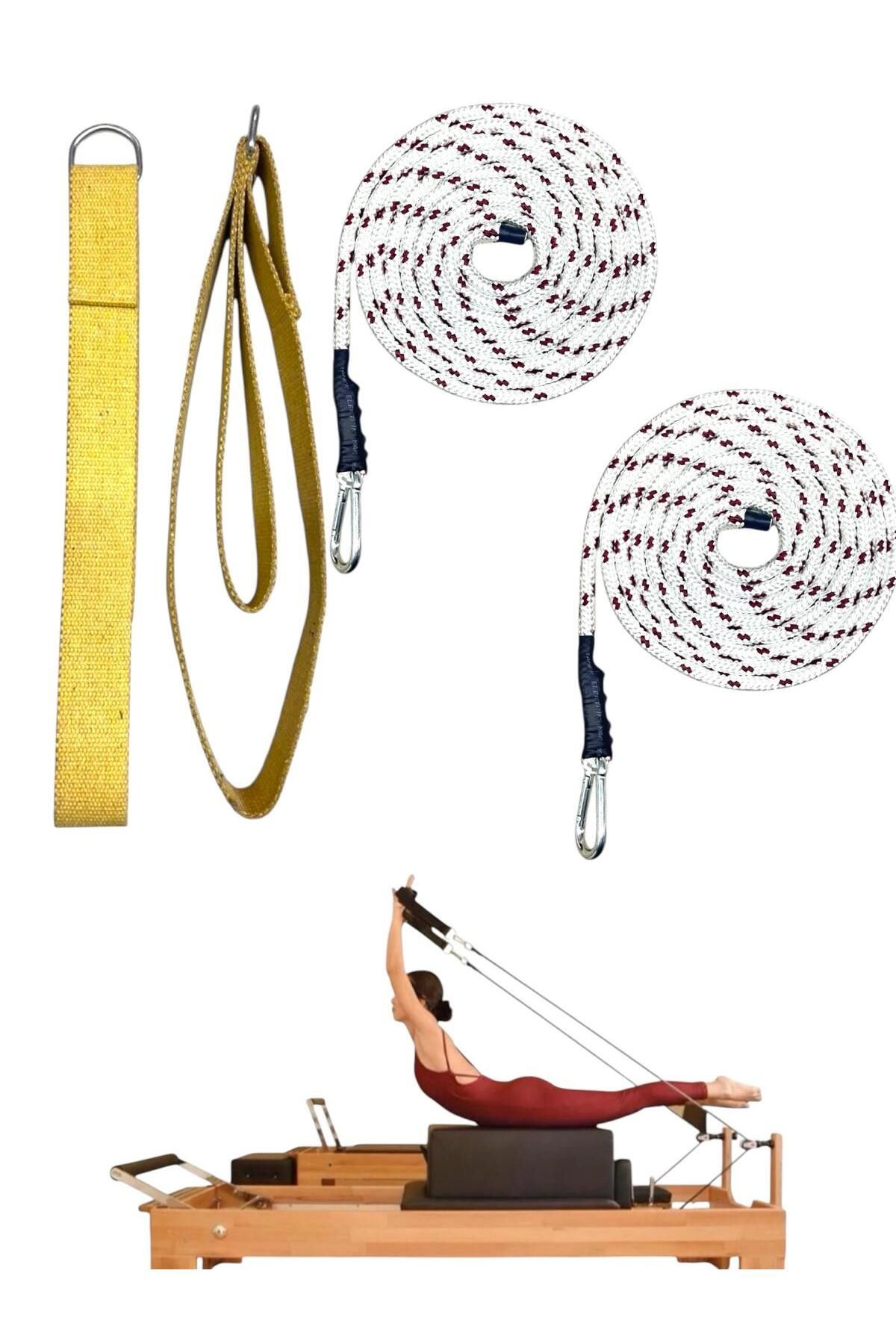 1 Çift Kırmızı-Beyaz Pilates Reformer Halatı +  1 Çift Pilates Reformer Elcik Straps - İkili Set - sarı