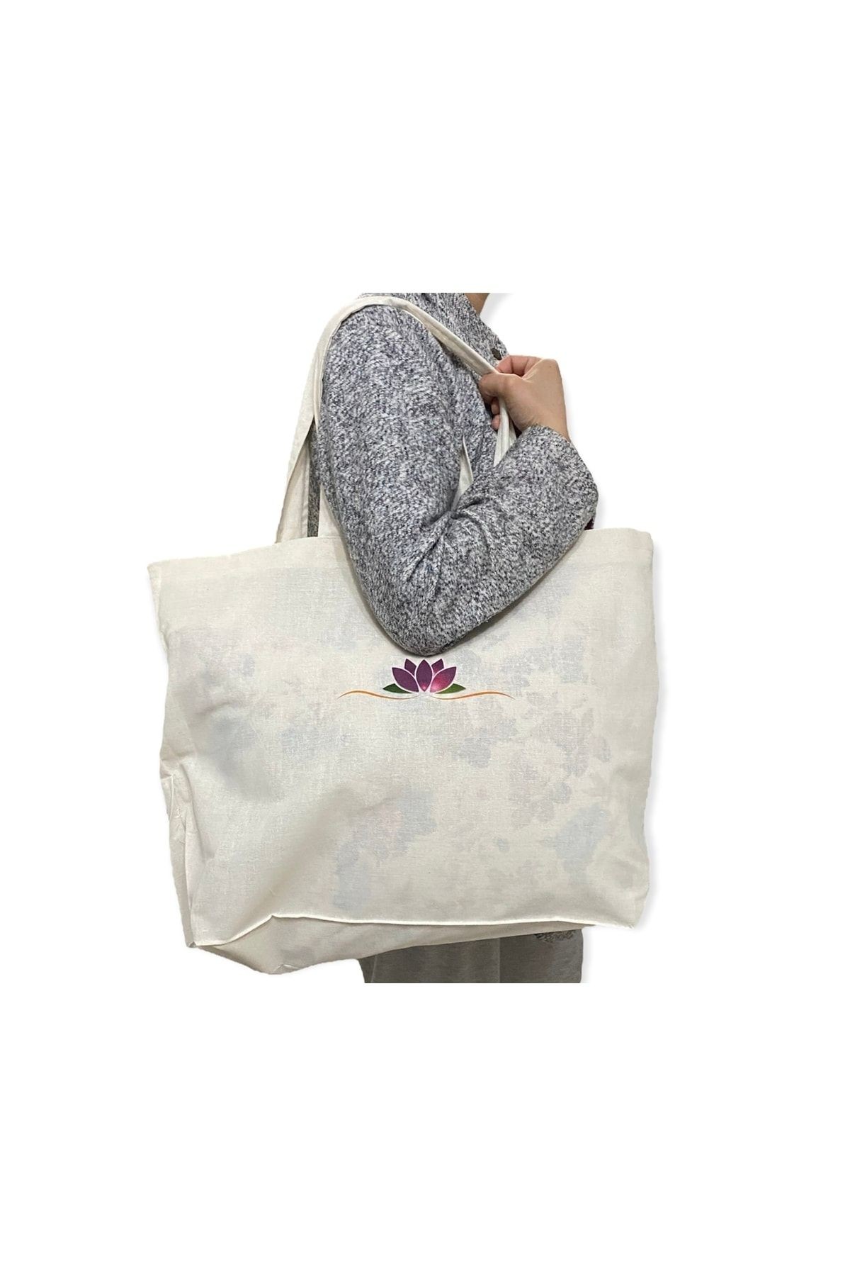 Mor Lotus Çiçeği Baskılı Hambez Plaj Çantası – 56 X 40 X 12 Cm