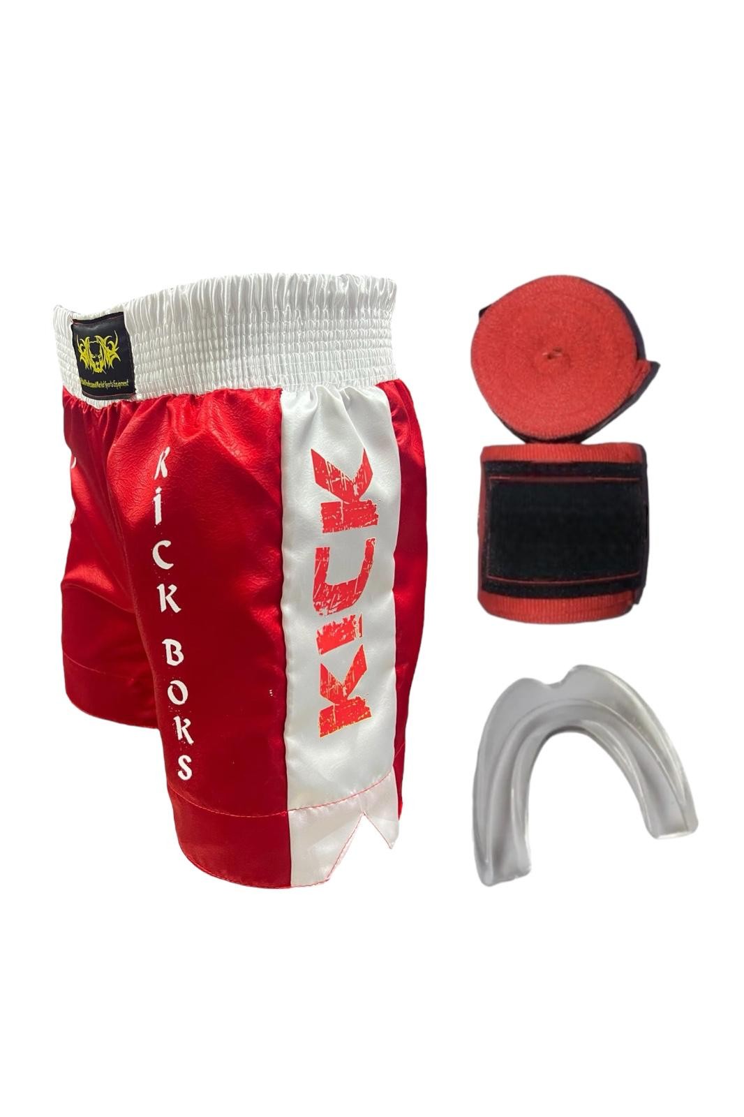 Kick Boks Şortu - Bandaj - Dişlik Kickboks 3'lü Takım Set - kırmızı