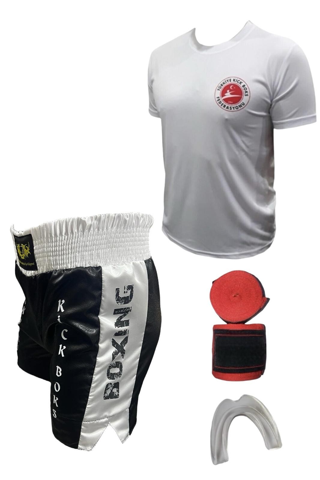 Kickboks Şortu - Kickboks Tişörtü - Bandaj - Dişlik Kickboks 4'lü Takım Set - siyah