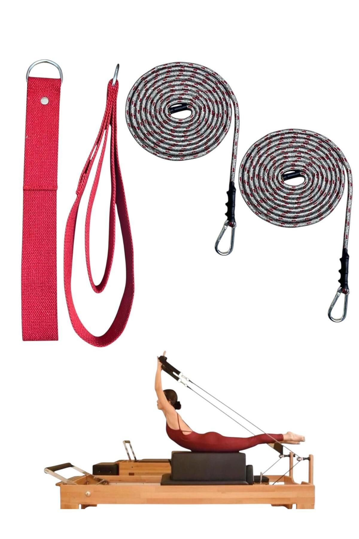 1 Çift Antrasit-Kırmızı Pilates Reformer Halatı +  1 Çift Pilates Reformer Elcik Straps - İkili Set - kırmızı
