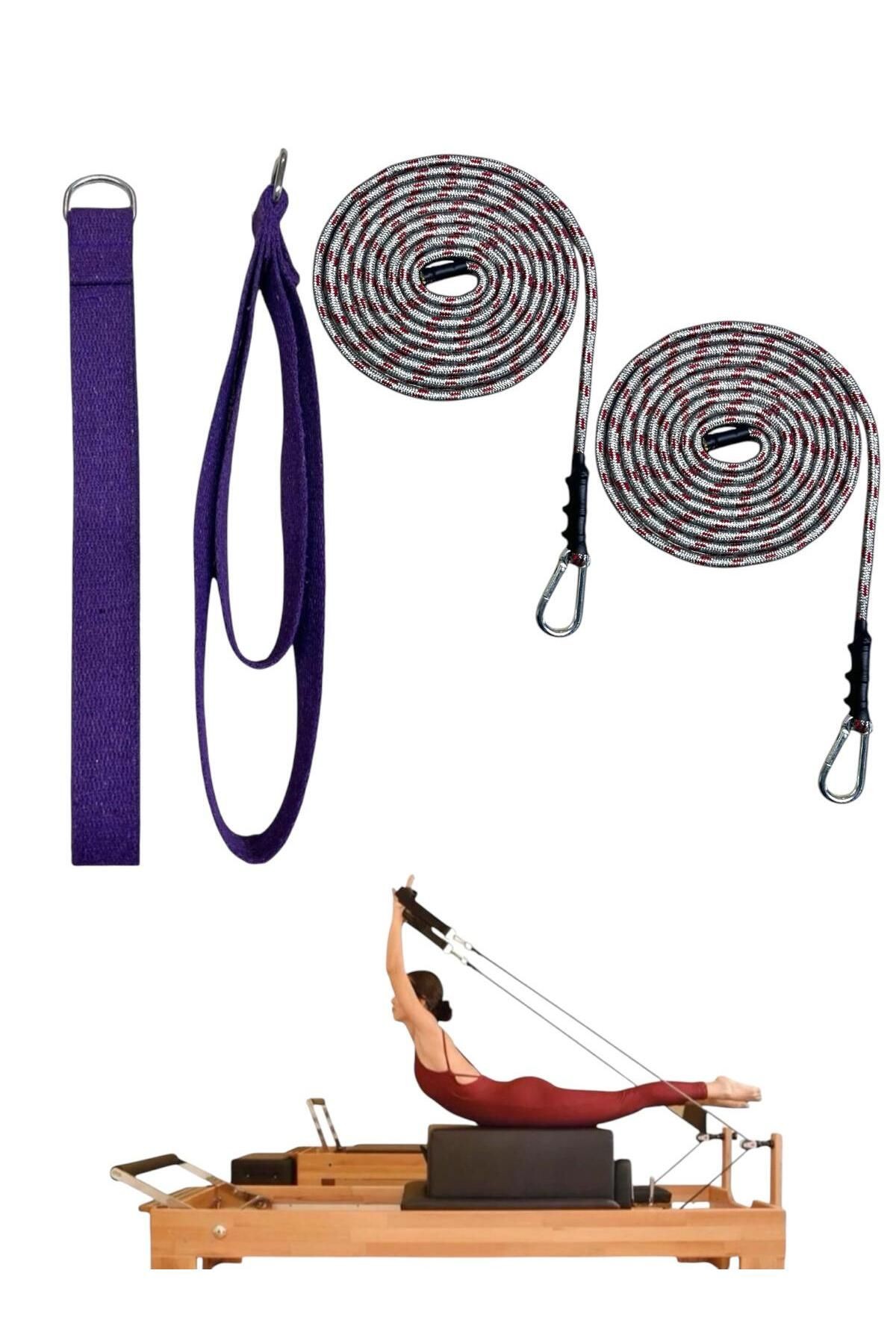 1 Çift Antrasit-Kırmızı Pilates Reformer Halatı +  1 Çift Pilates Reformer Elcik Straps - İkili Set - mor