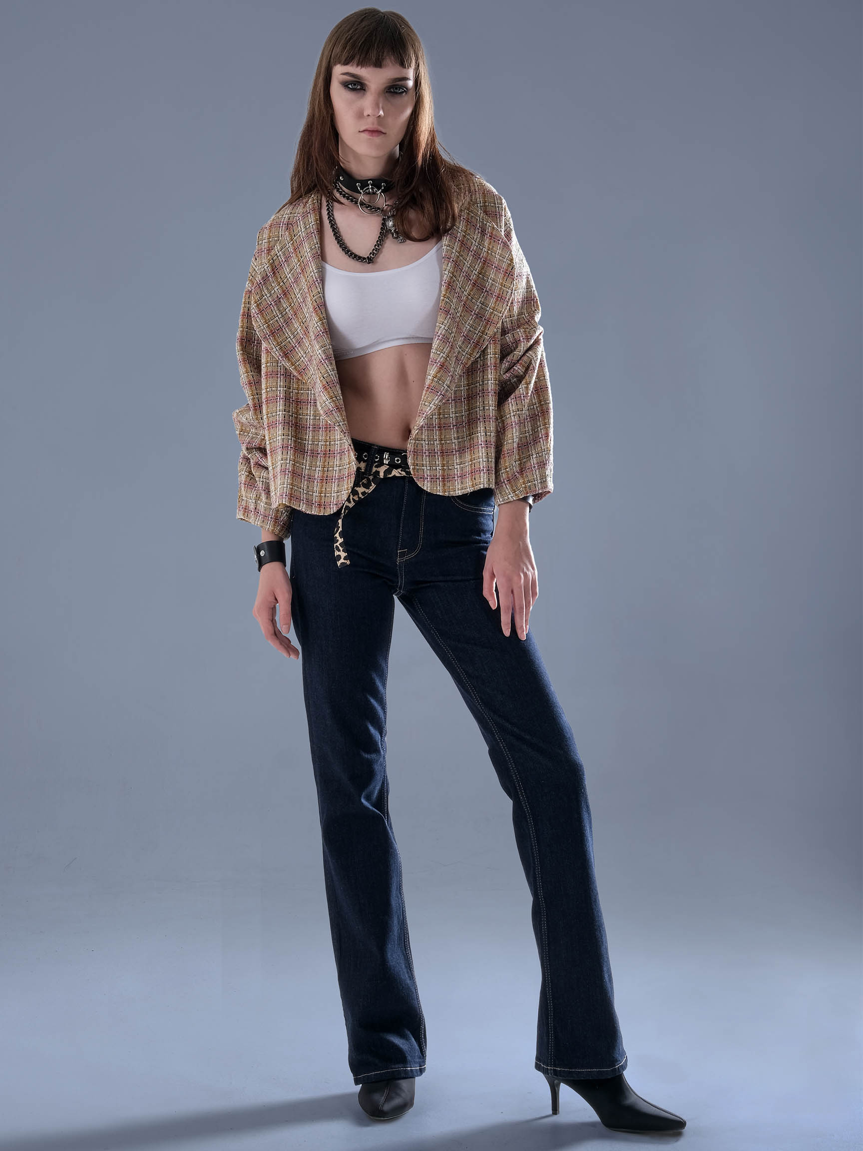 KNITTED FABRIC PLAID CARDIGAN JACKET