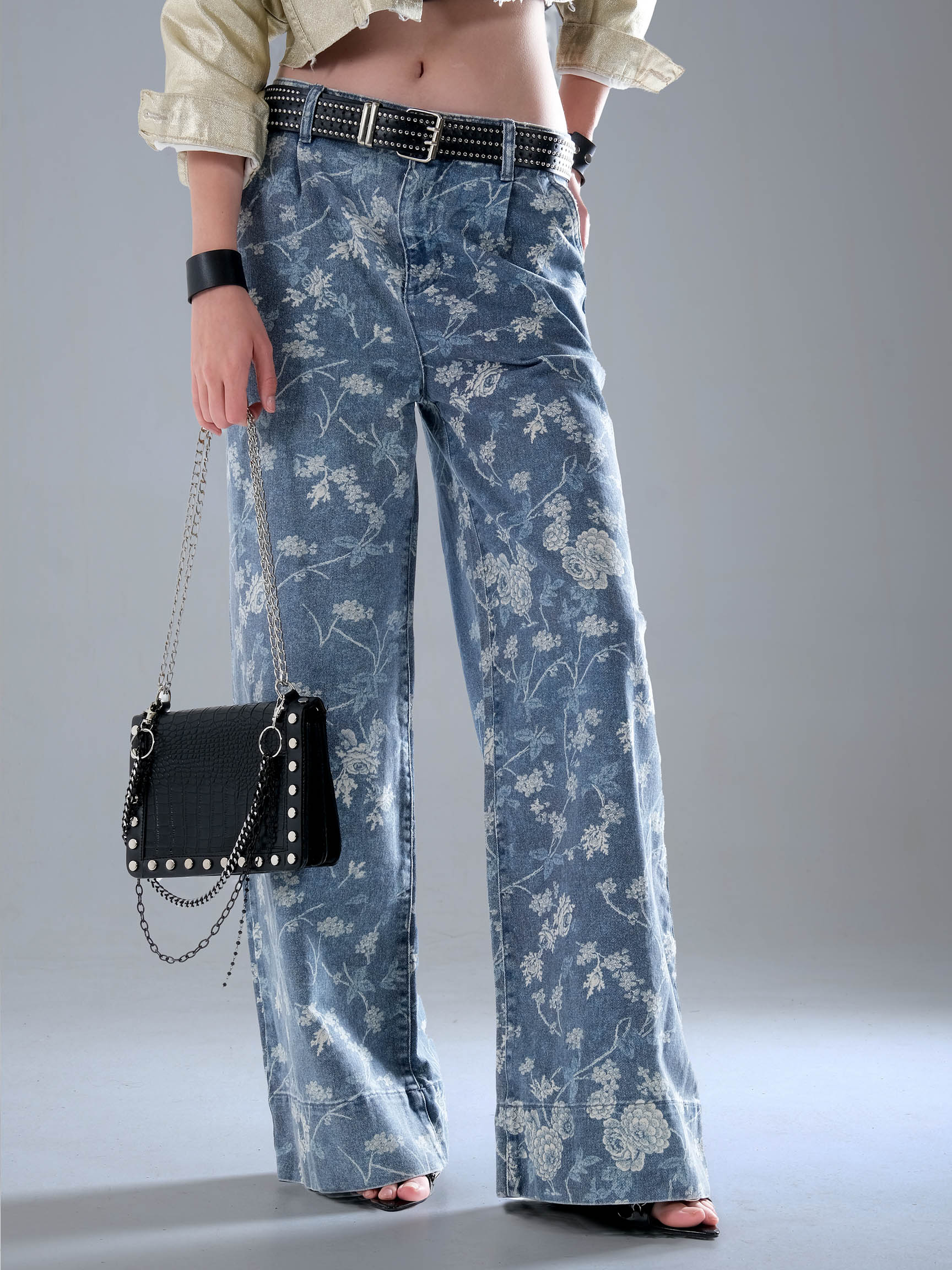 GENİŞ PAÇA ÇİÇEK DESEN DENIM PANTOLON