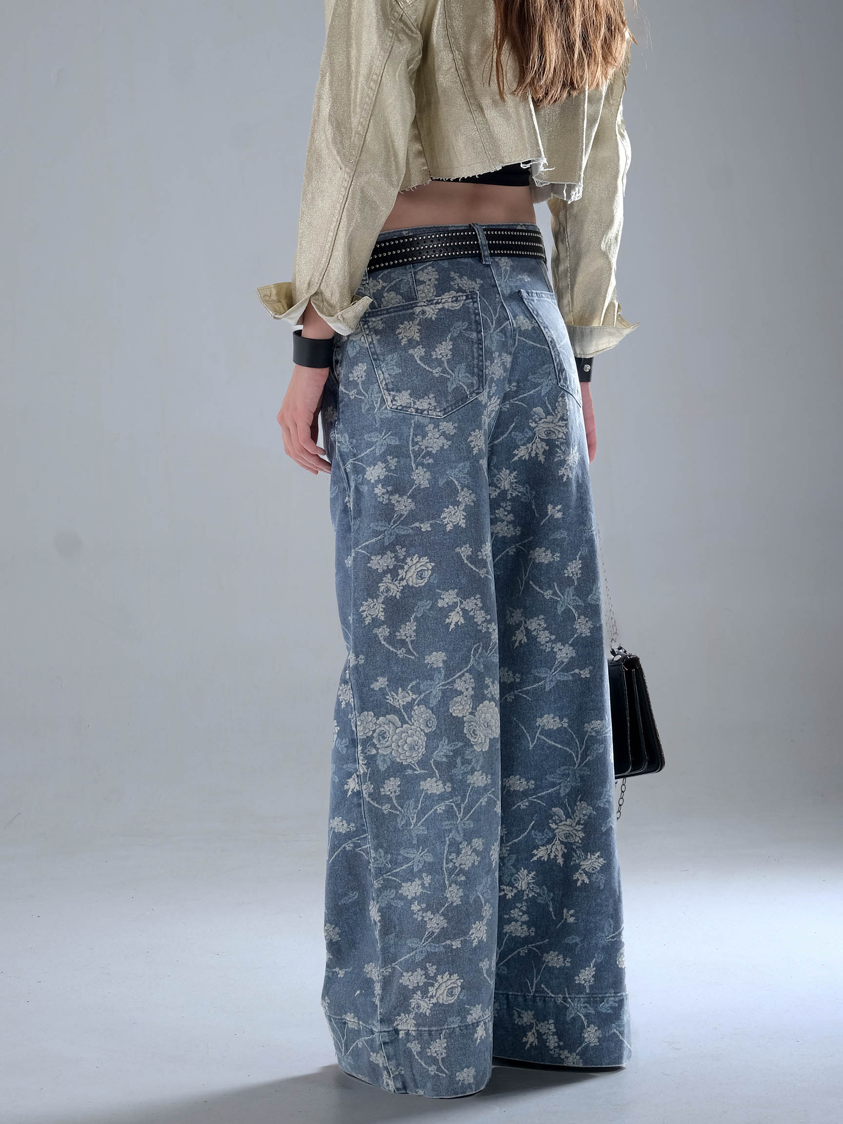 GENİŞ PAÇA ÇİÇEK DESEN DENIM PANTOLON