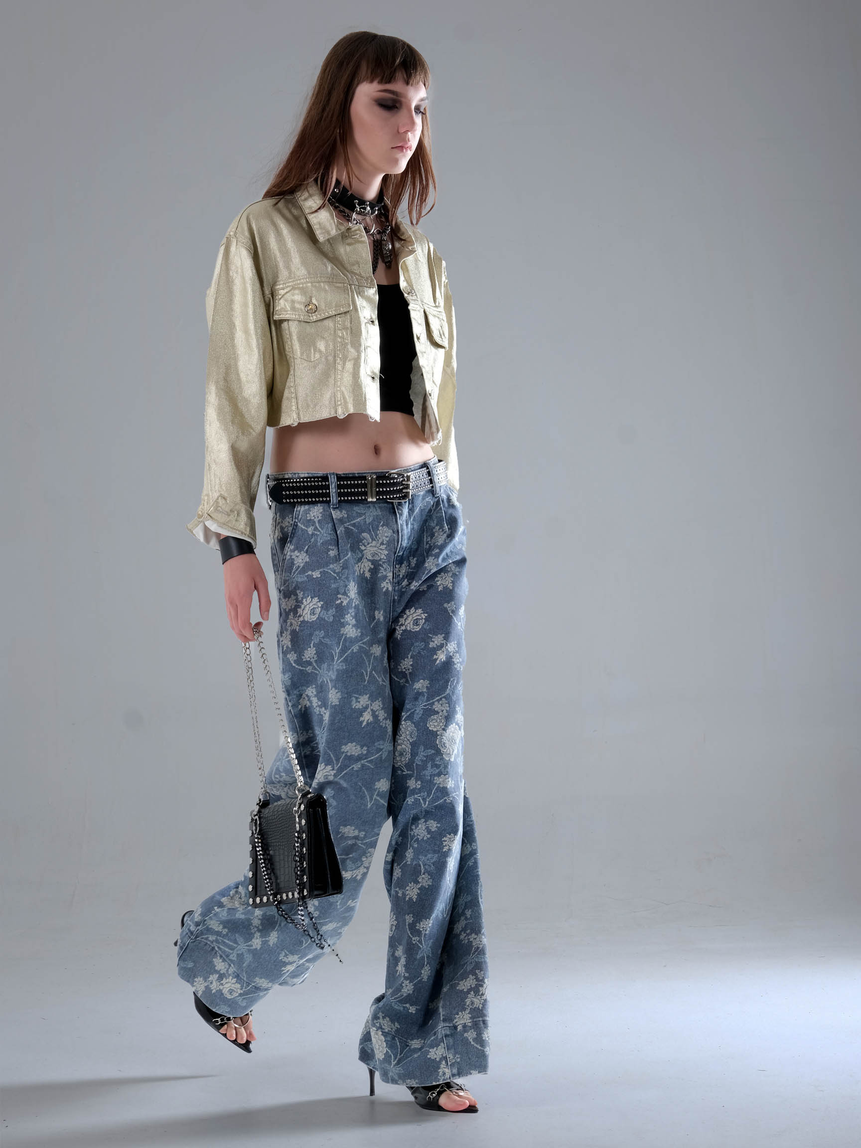 GENİŞ PAÇA ÇİÇEK DESEN DENIM PANTOLON