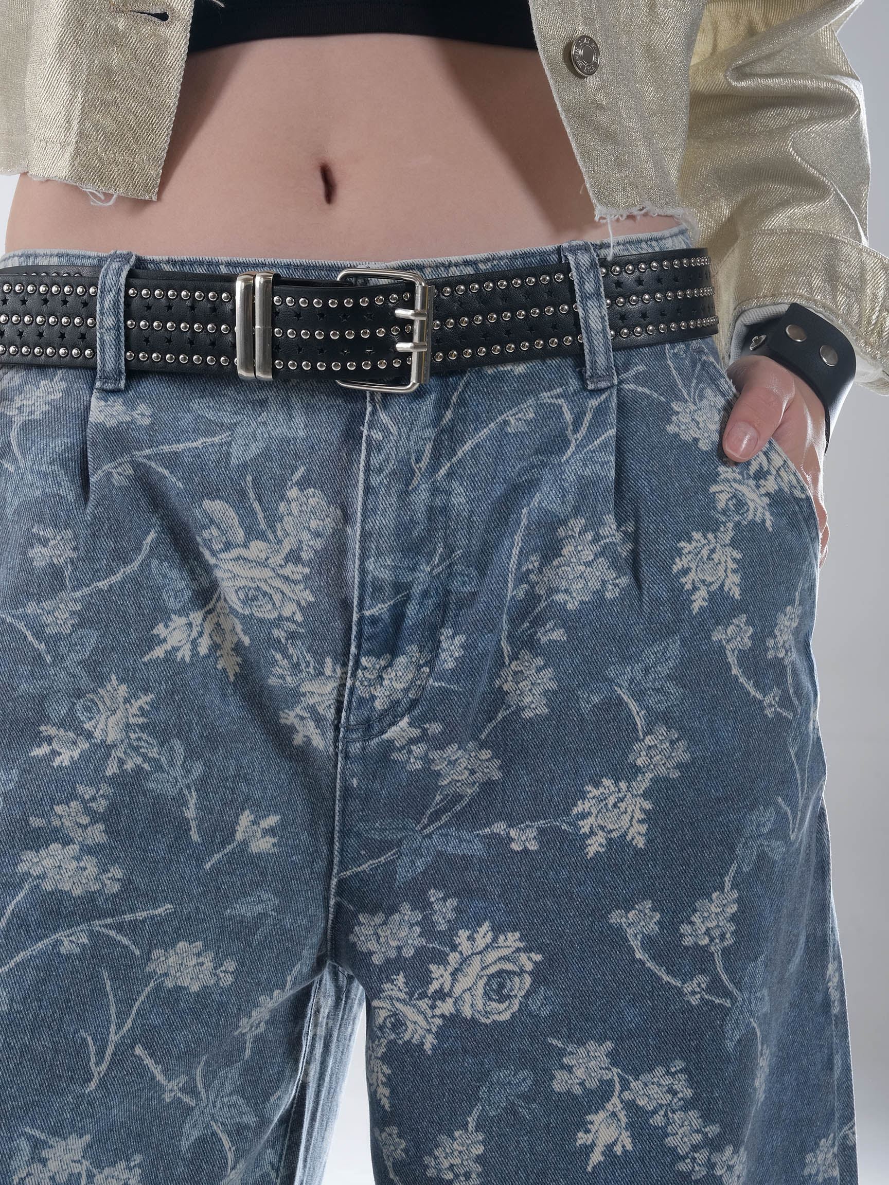GENİŞ PAÇA ÇİÇEK DESEN DENIM PANTOLON