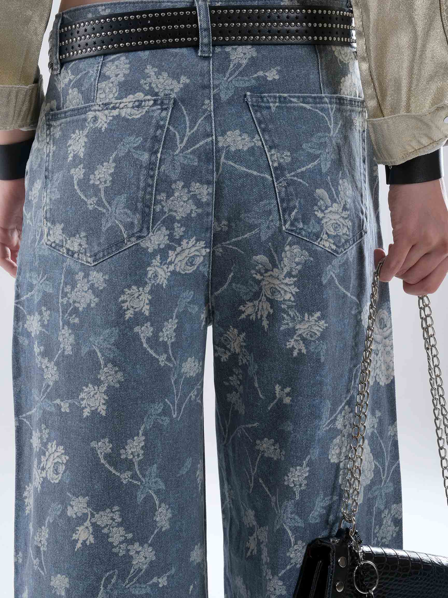 GENİŞ PAÇA ÇİÇEK DESEN DENIM PANTOLON
