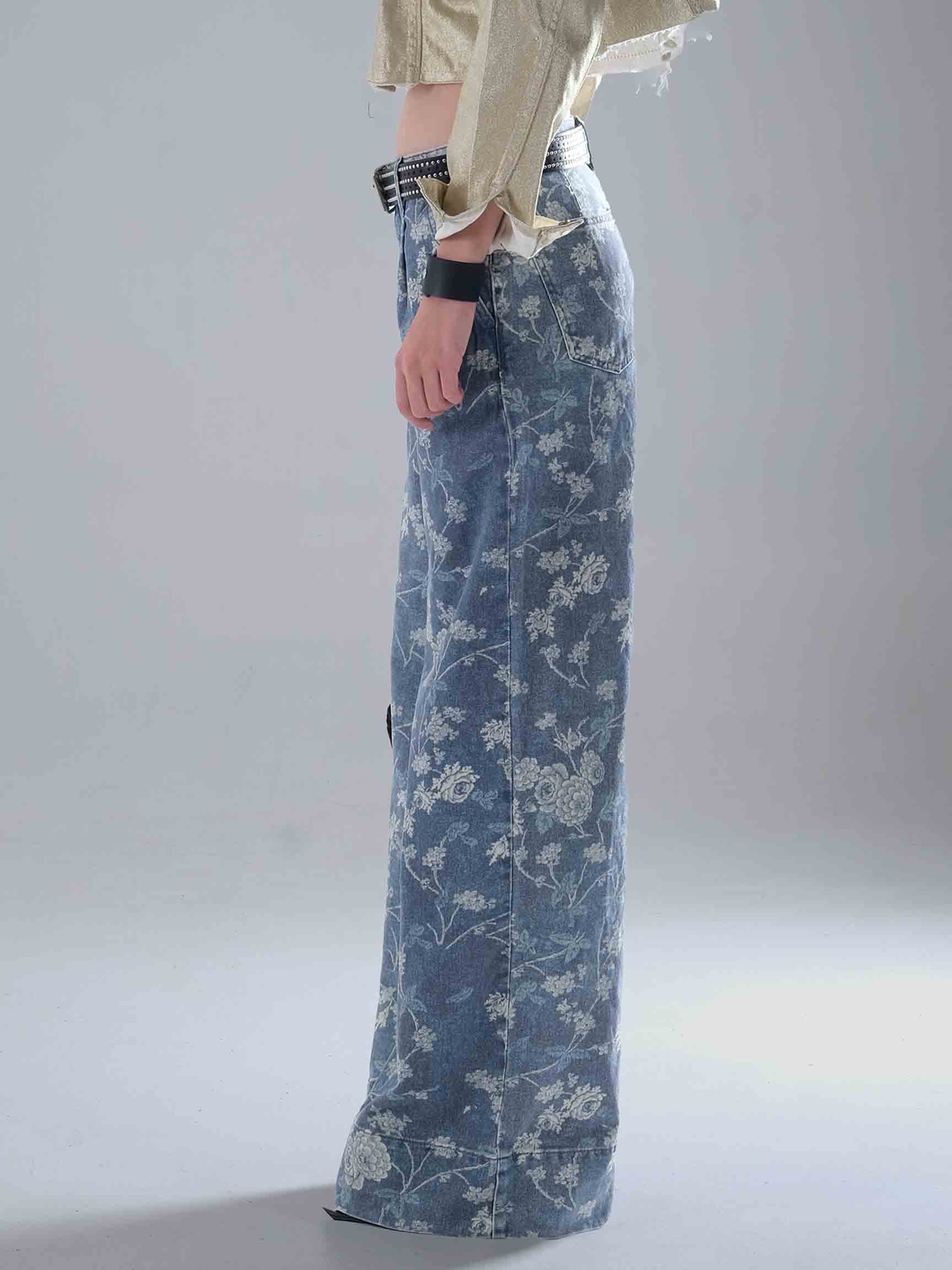 GENİŞ PAÇA ÇİÇEK DESEN DENIM PANTOLON