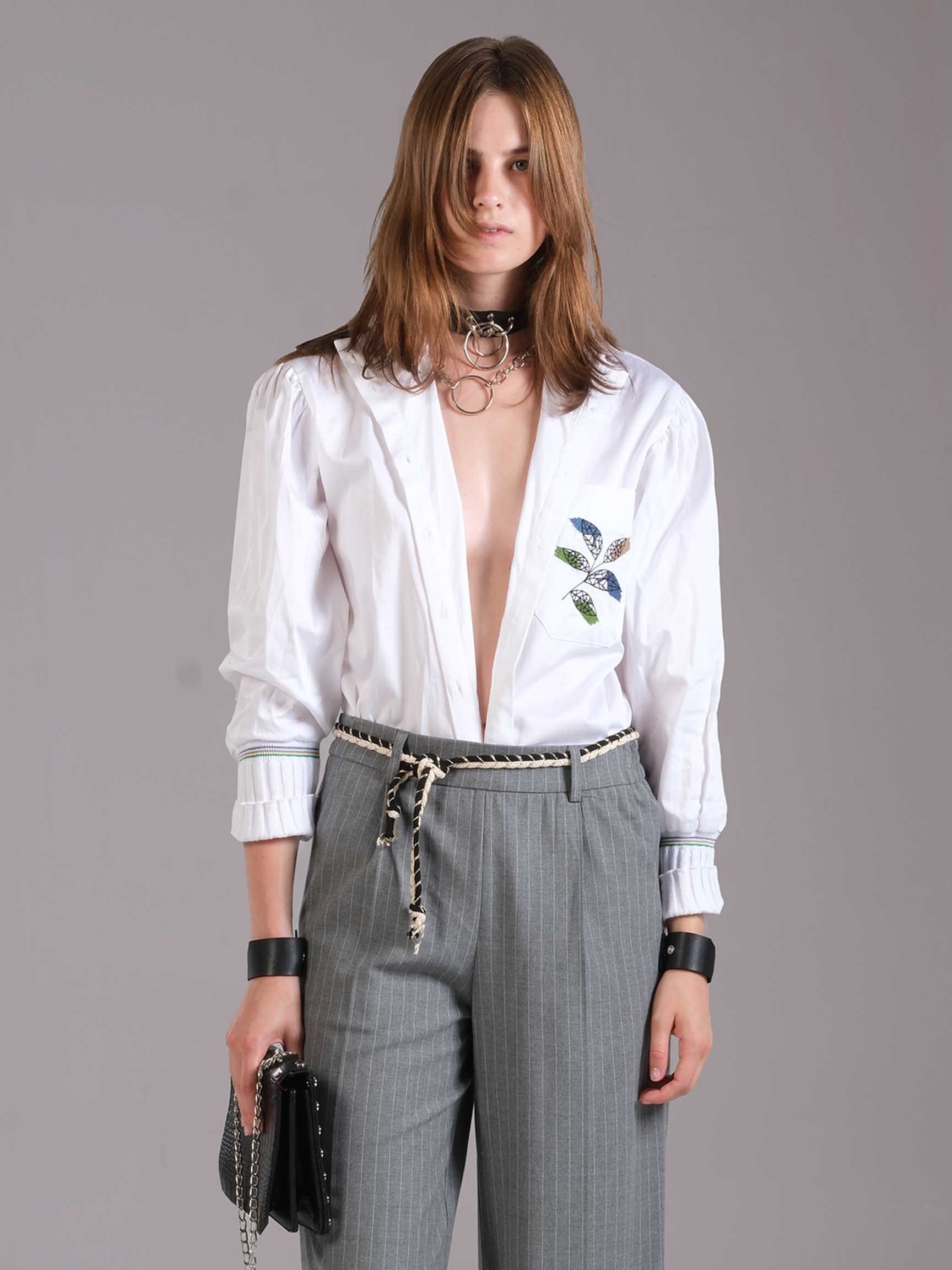 HIGH  COLLAR EMBROIDERY DETAIL SHIRT