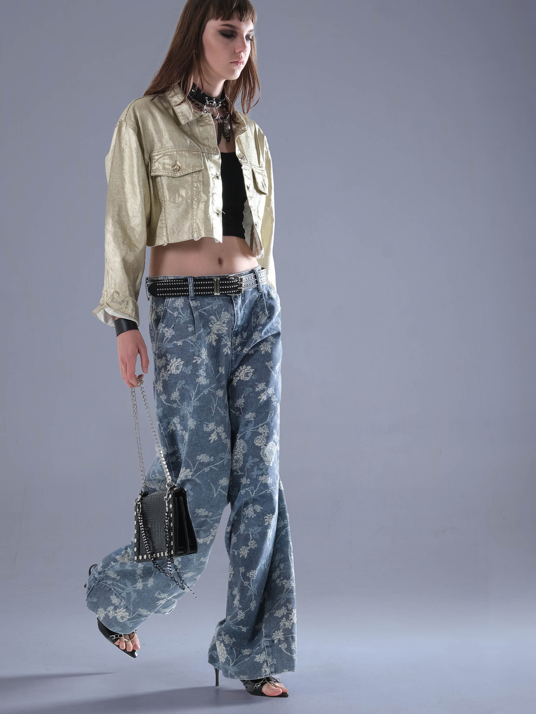 WIDE LEG FLOWER PATTERNED DENIM PANT