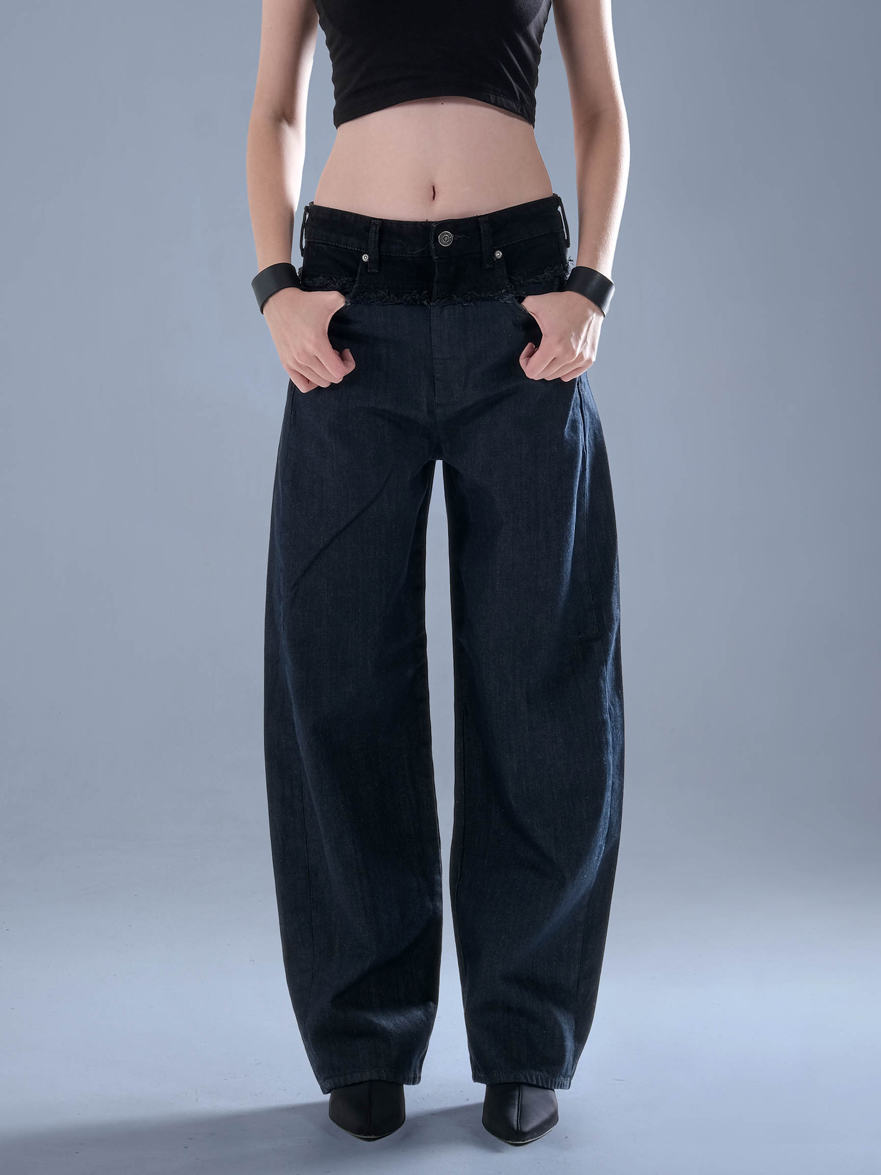 WAIST DETAIL BARREL DENIM PANT - Koyu Lacivert