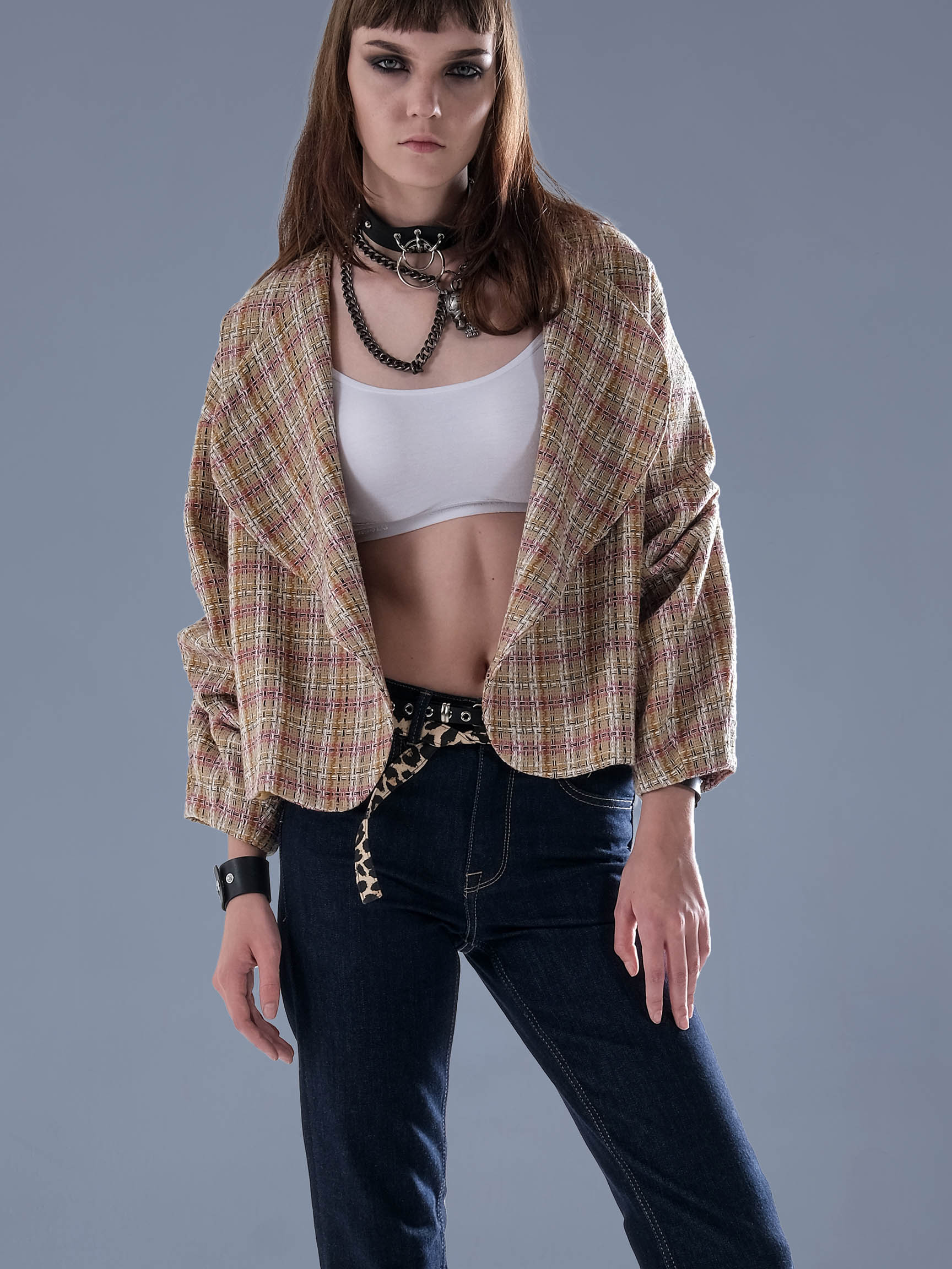 KNITTED FABRIC PLAID CARDIGAN JACKET