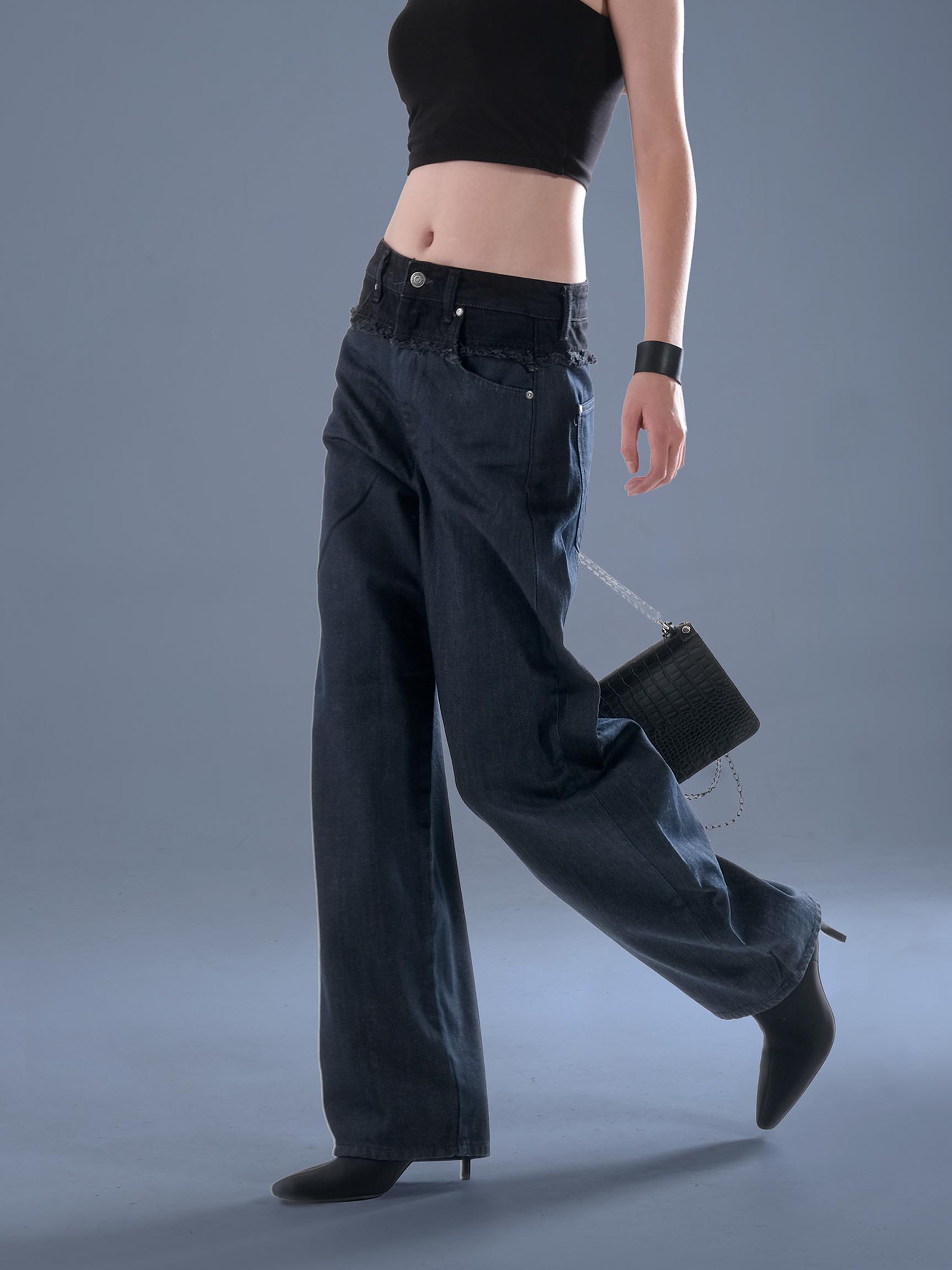 BEL DETAY LOOSE KADIN DENIM PANTOLON - Koyu Lacivert