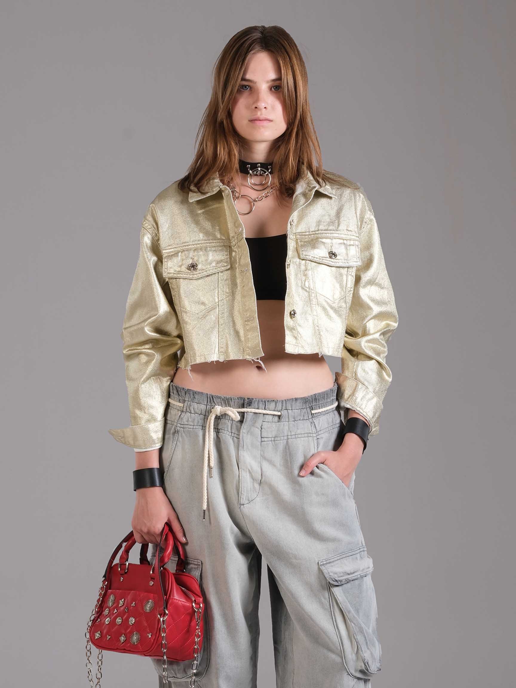 PARLAK DENIM KADIN CROP CEKET