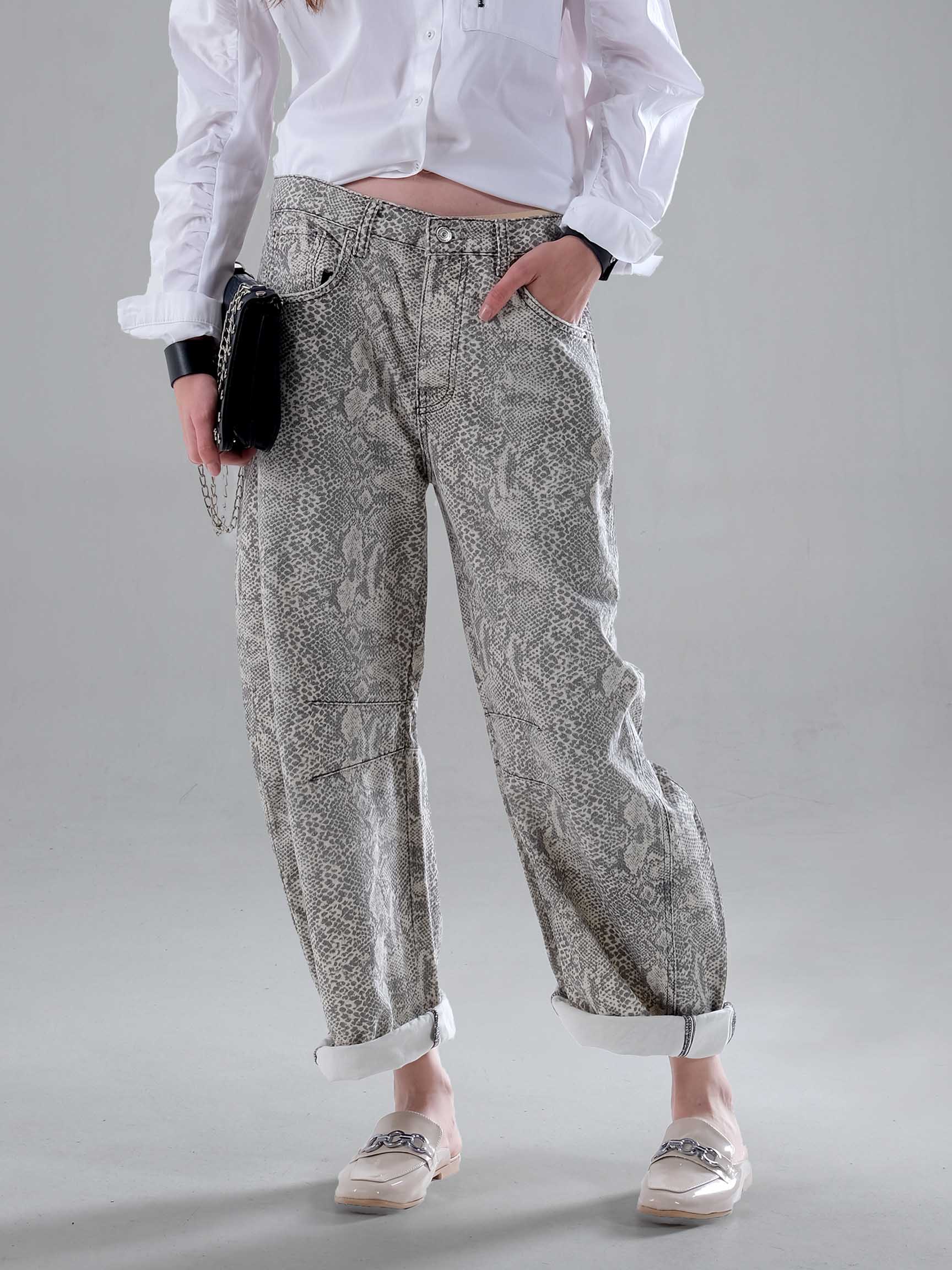 PİTON DESEN BARREL DENİM PANTOLON