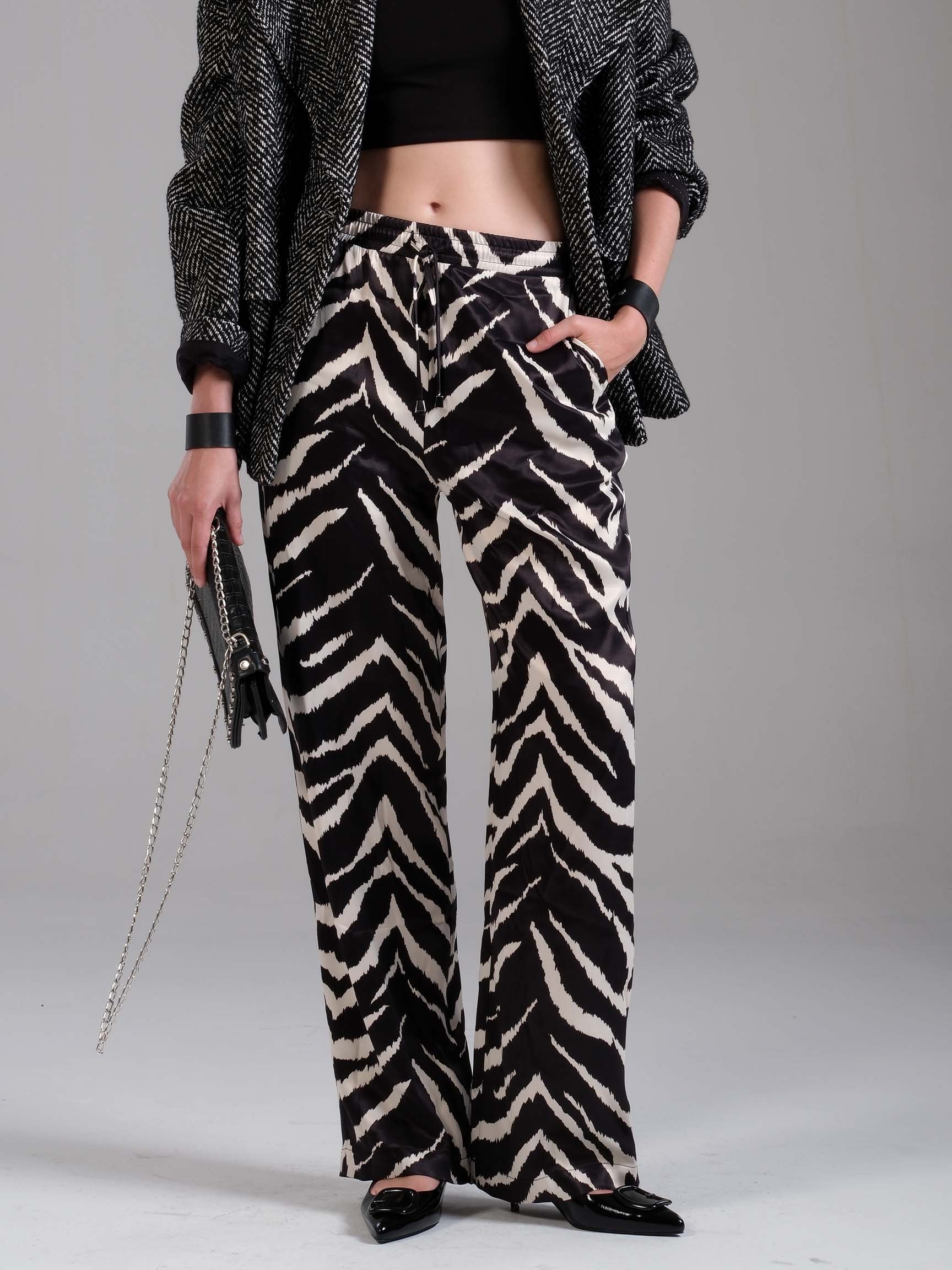 SATEN ZEBRA DESEN KADIN PANTOLON