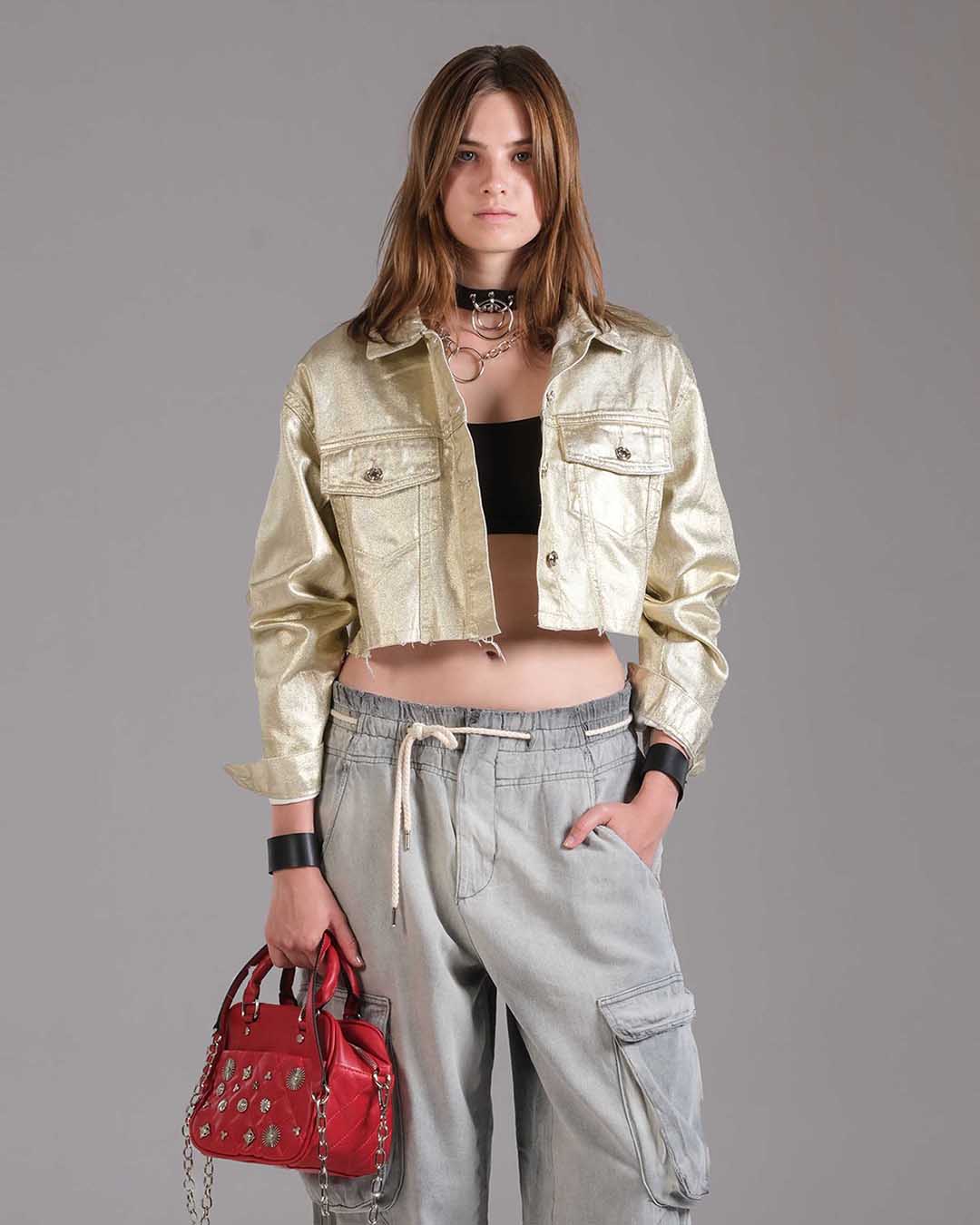 PARLAK DENIM KADIN CROP CEKET