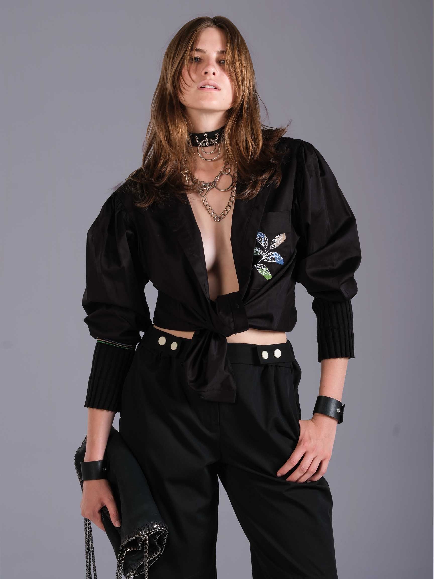 HIGH  COLLAR EMBROIDERY DETAIL SHIRT