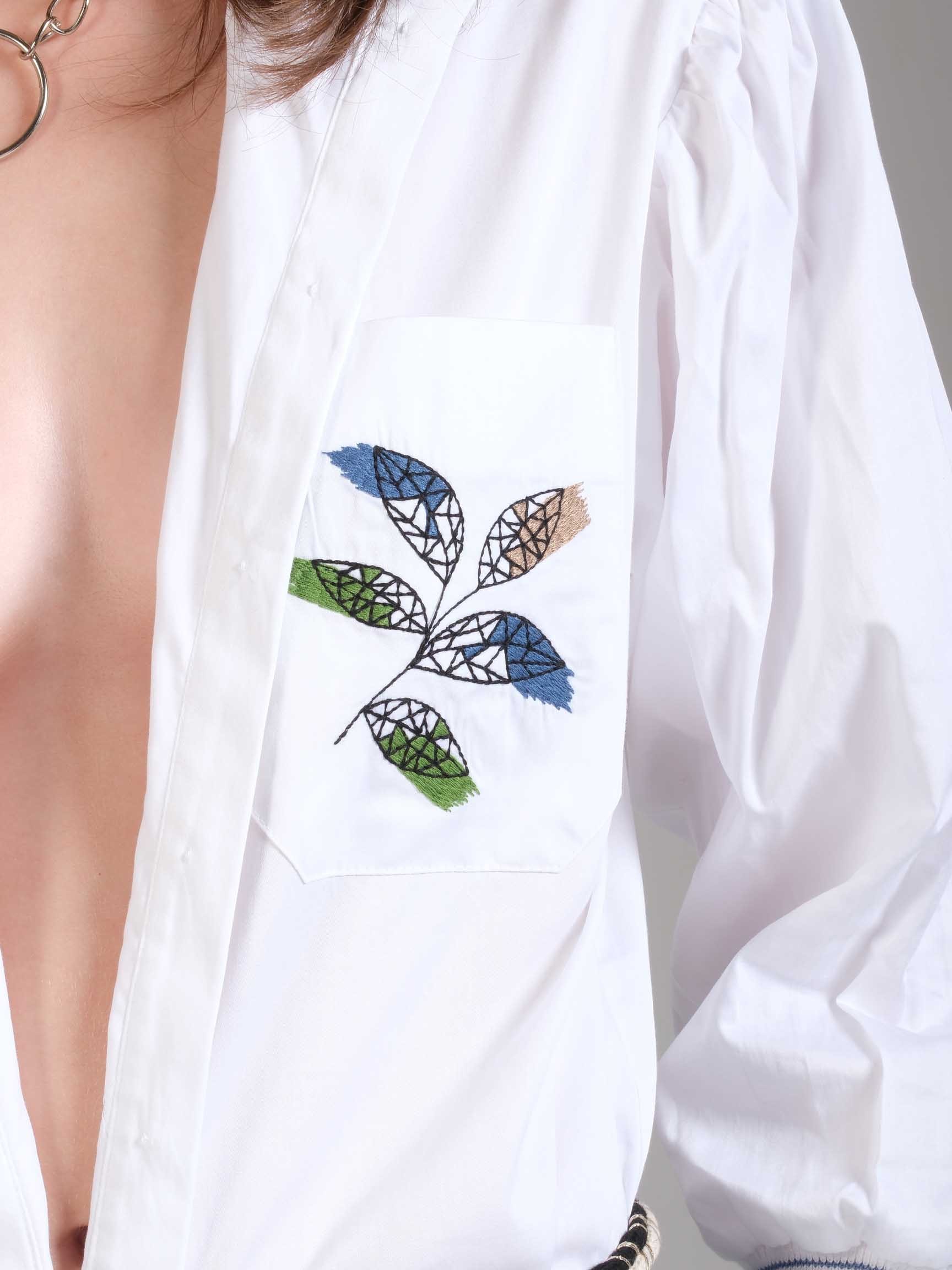 HIGH  COLLAR EMBROIDERY DETAIL SHIRT