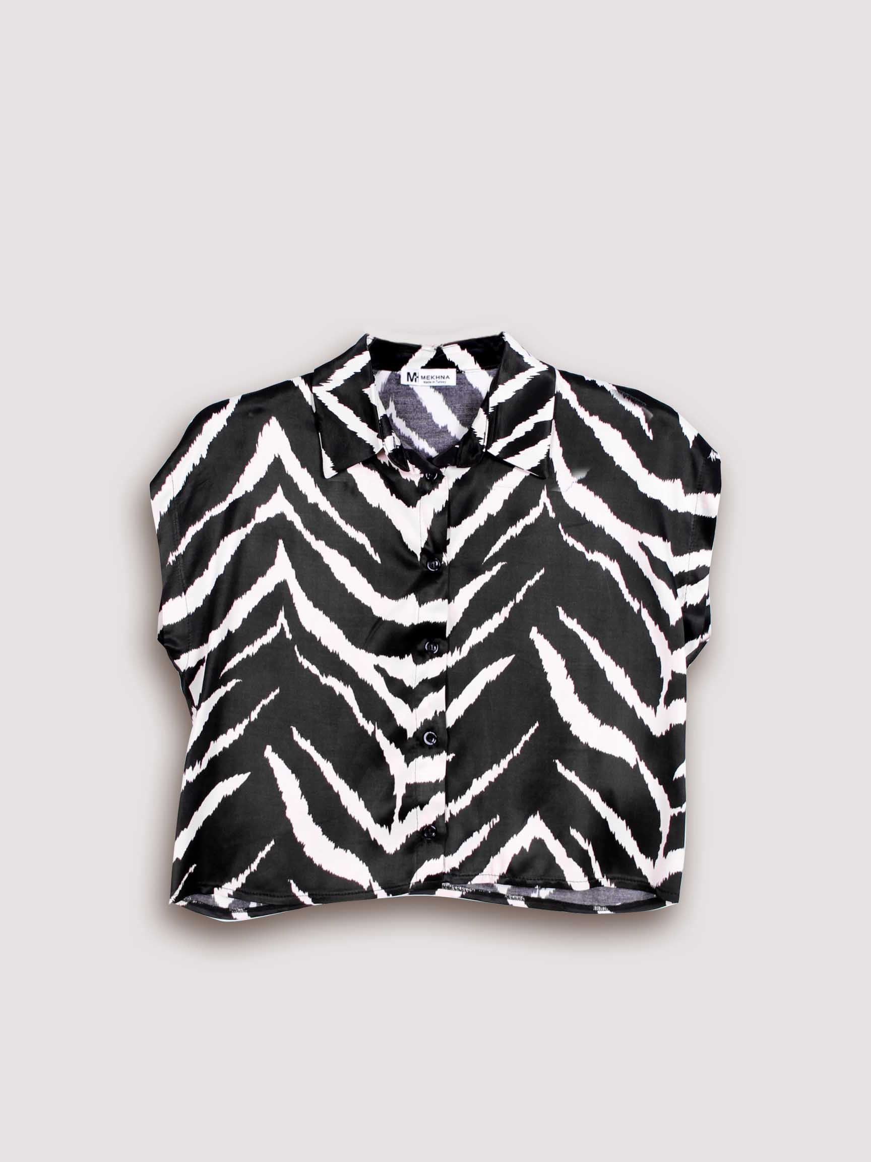 ZEBRA DESEN CROP SATEN KADIN GÖMLEK
