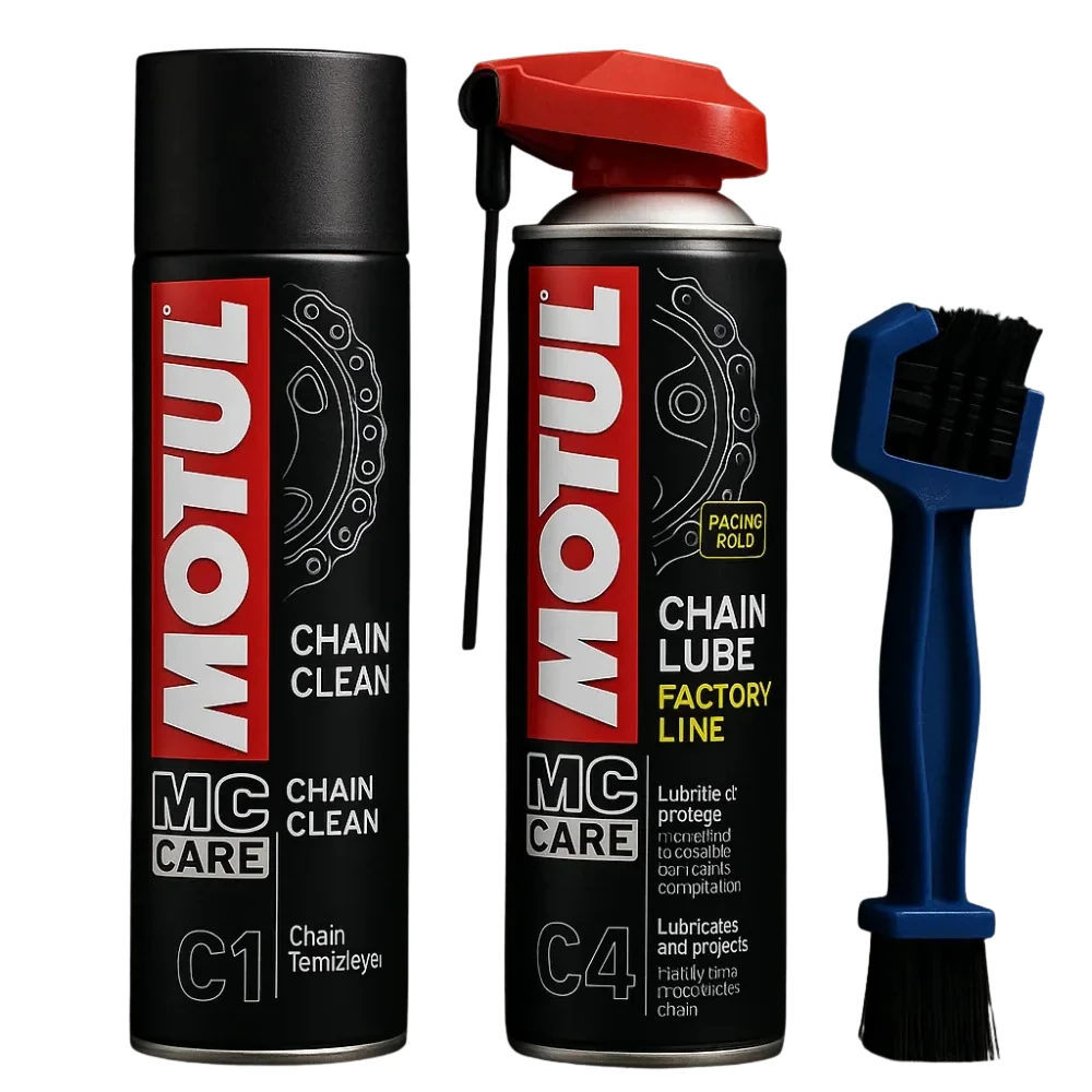 Motul C1 Zincir Temizleyici + Chain Lube Factory Line C4 Zincir Yağlayıcı + Zincir Fırçası Seti