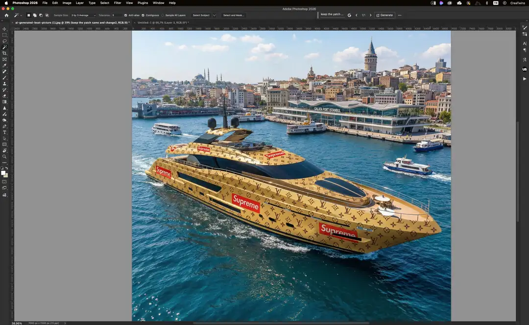 keep the yatch same and change the background with Galata Port at istanbul bosphorus