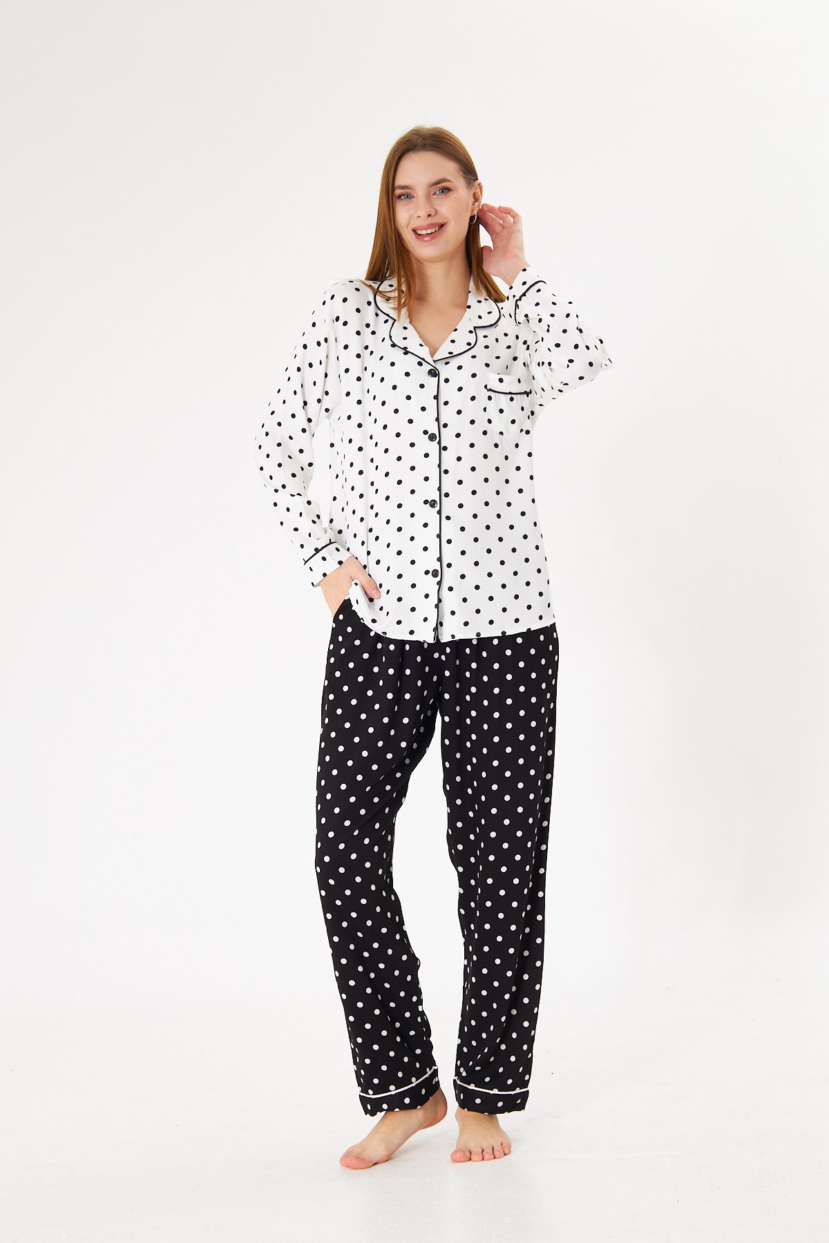 Lara Black Polka Premium %100 Pamuk Saten Uzun Kollu Pijama Takımı