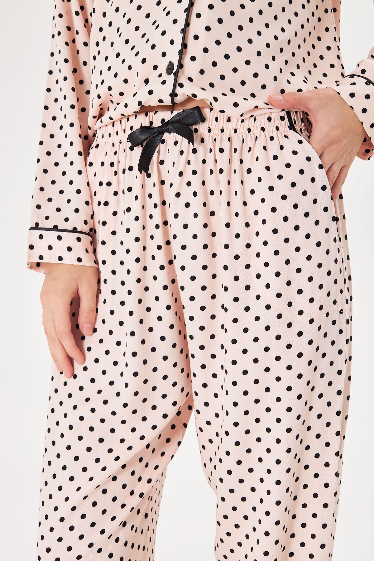 Lara Pink Polka Premium %100 Pamuk Saten Uzun Kollu Pijama Takımı