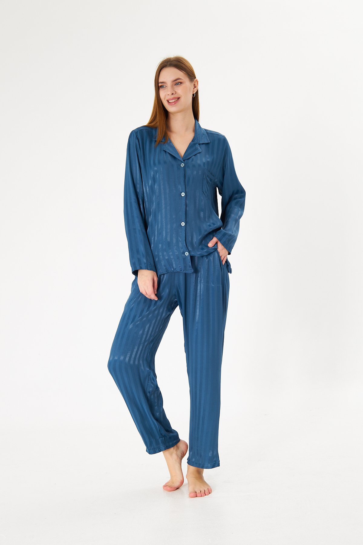 Lara Blue Premium %100 Pamuk Saten Uzun Kollu Pijama Takımı