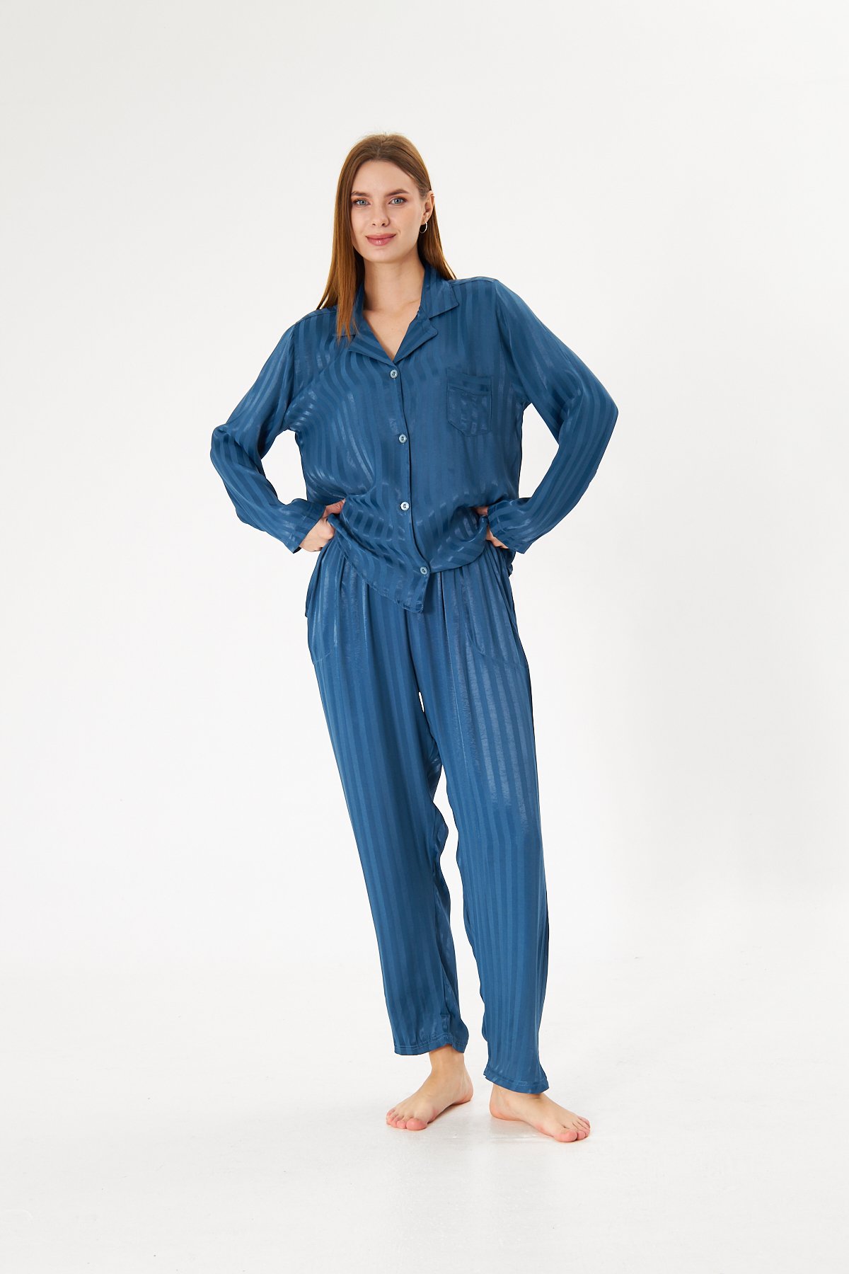 Lara Blue Premium %100 Pamuk Saten Uzun Kollu Pijama Takımı