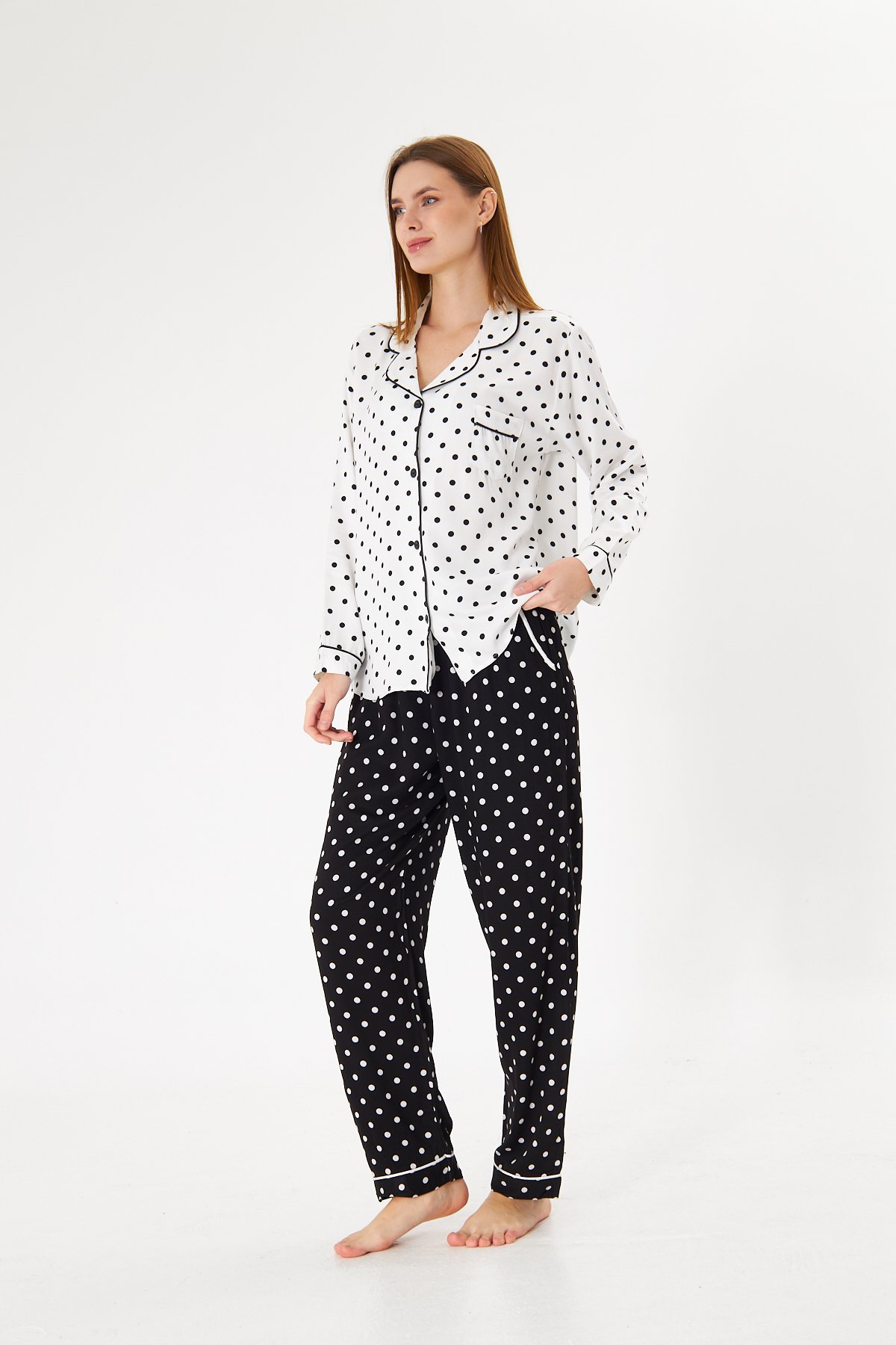 Lara Black Polka Premium %100 Pamuk Saten Uzun Kollu Pijama Takımı