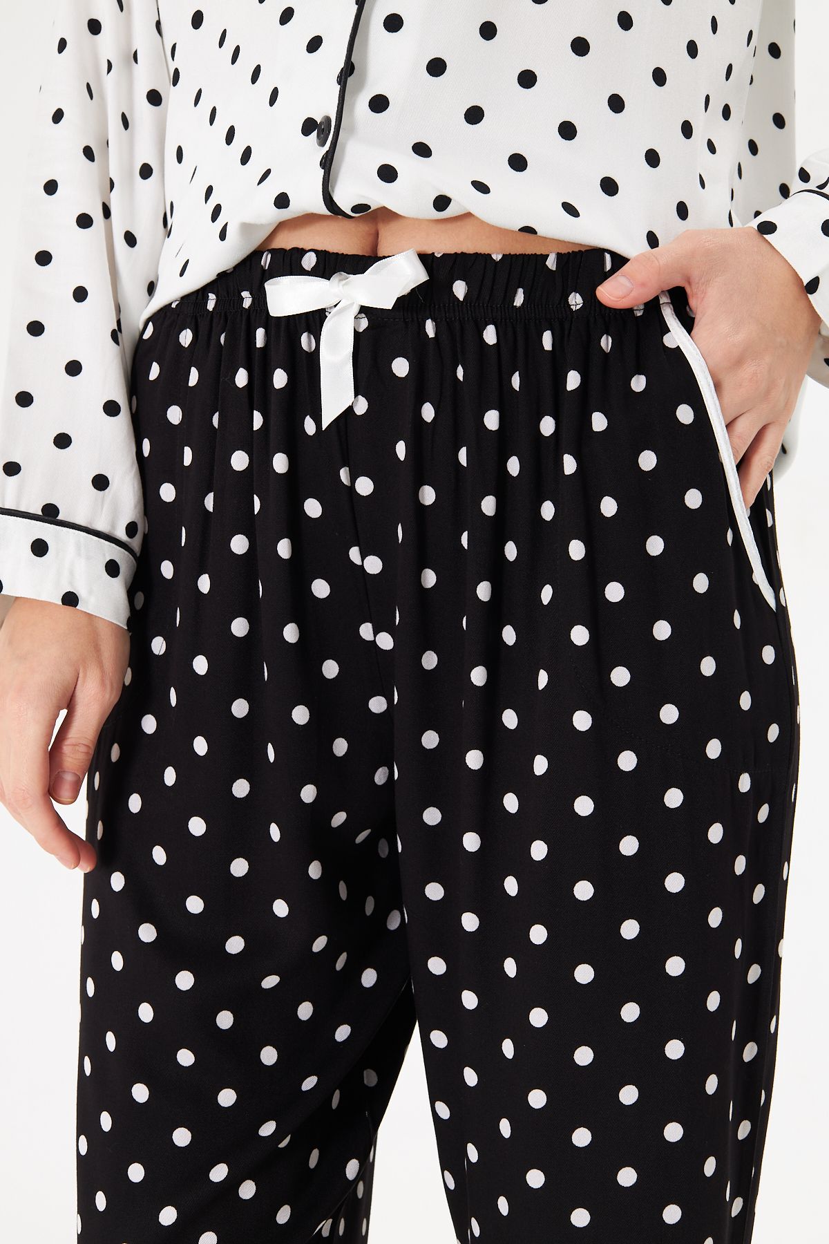 Lara Black Polka Premium %100 Pamuk Saten Uzun Kollu Pijama Takımı