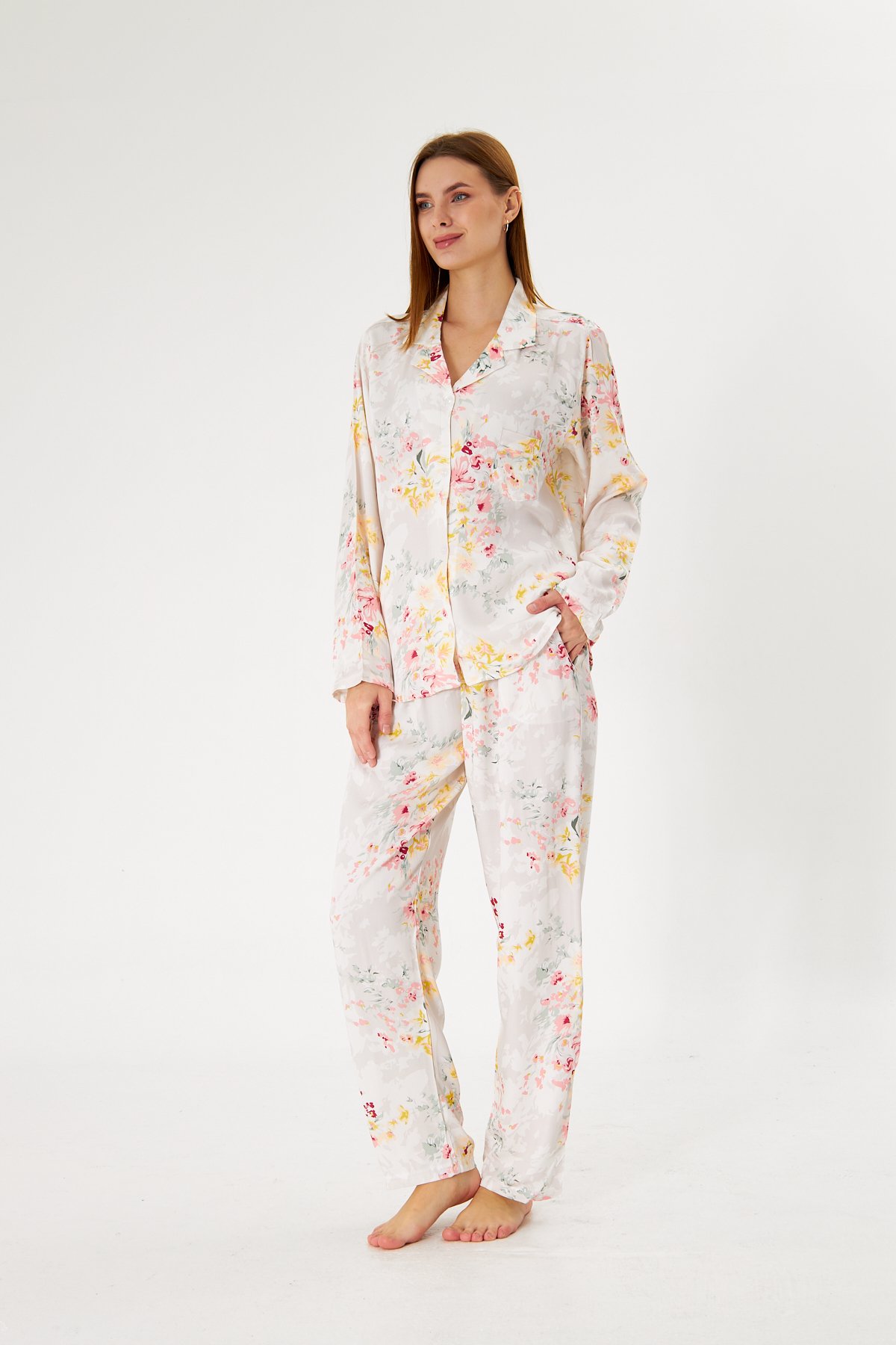 Lara Flower Premium %100 Pamuk Saten Uzun Kollu Pijama Takımı