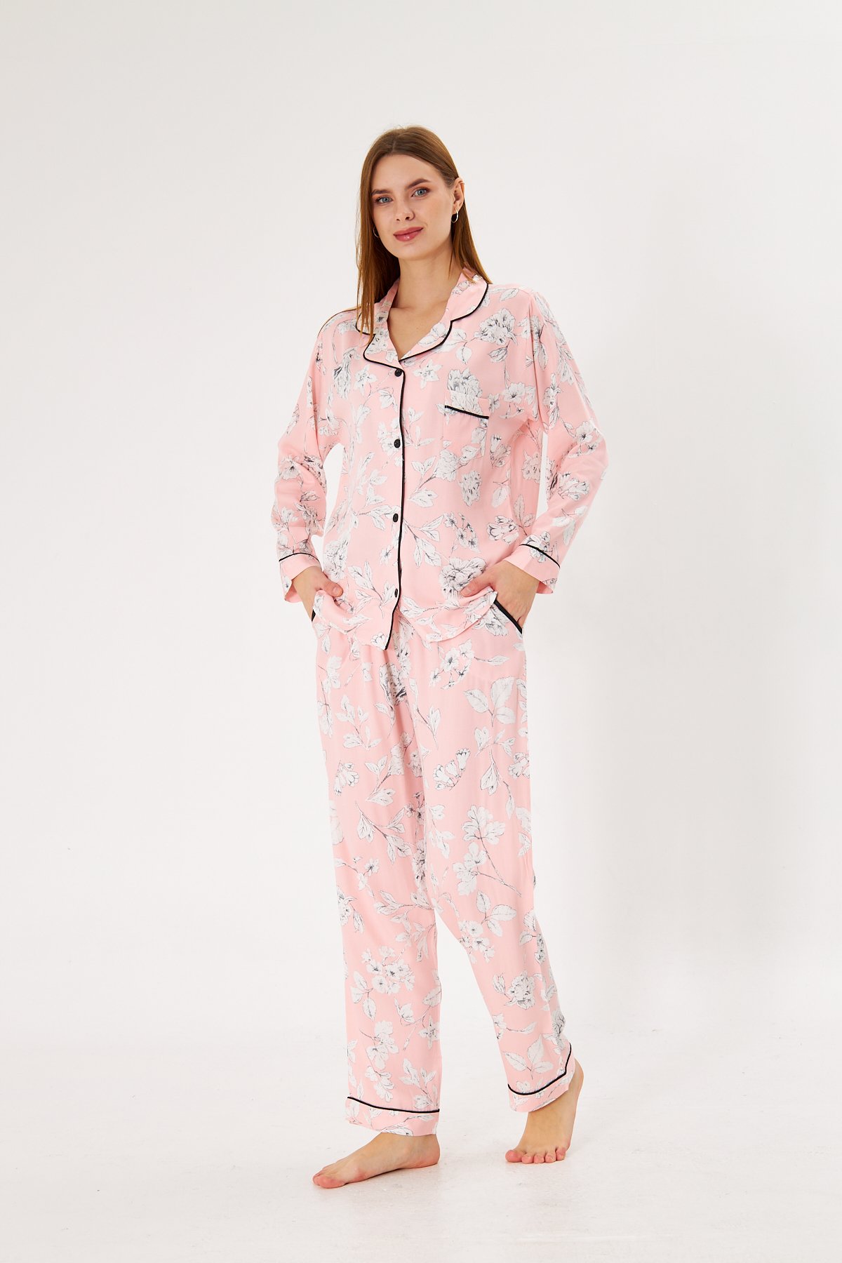 Lara Pink Flower Premium %100 Pamuk Saten Uzun Kollu Pijama Takımı