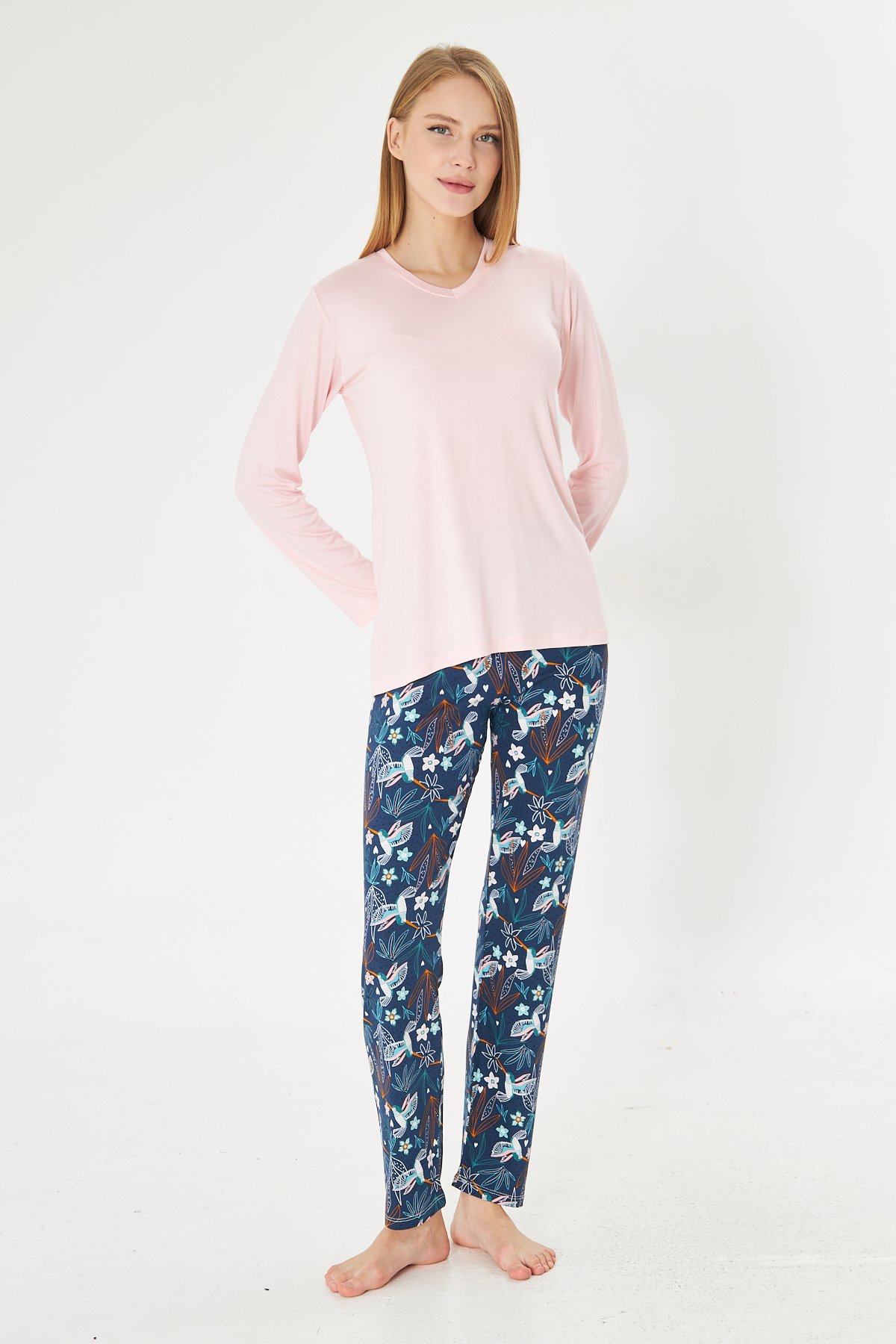 Lara Pink Blue Flower Soft %100 Pamuk Uzun Kollu Pijama Takımı