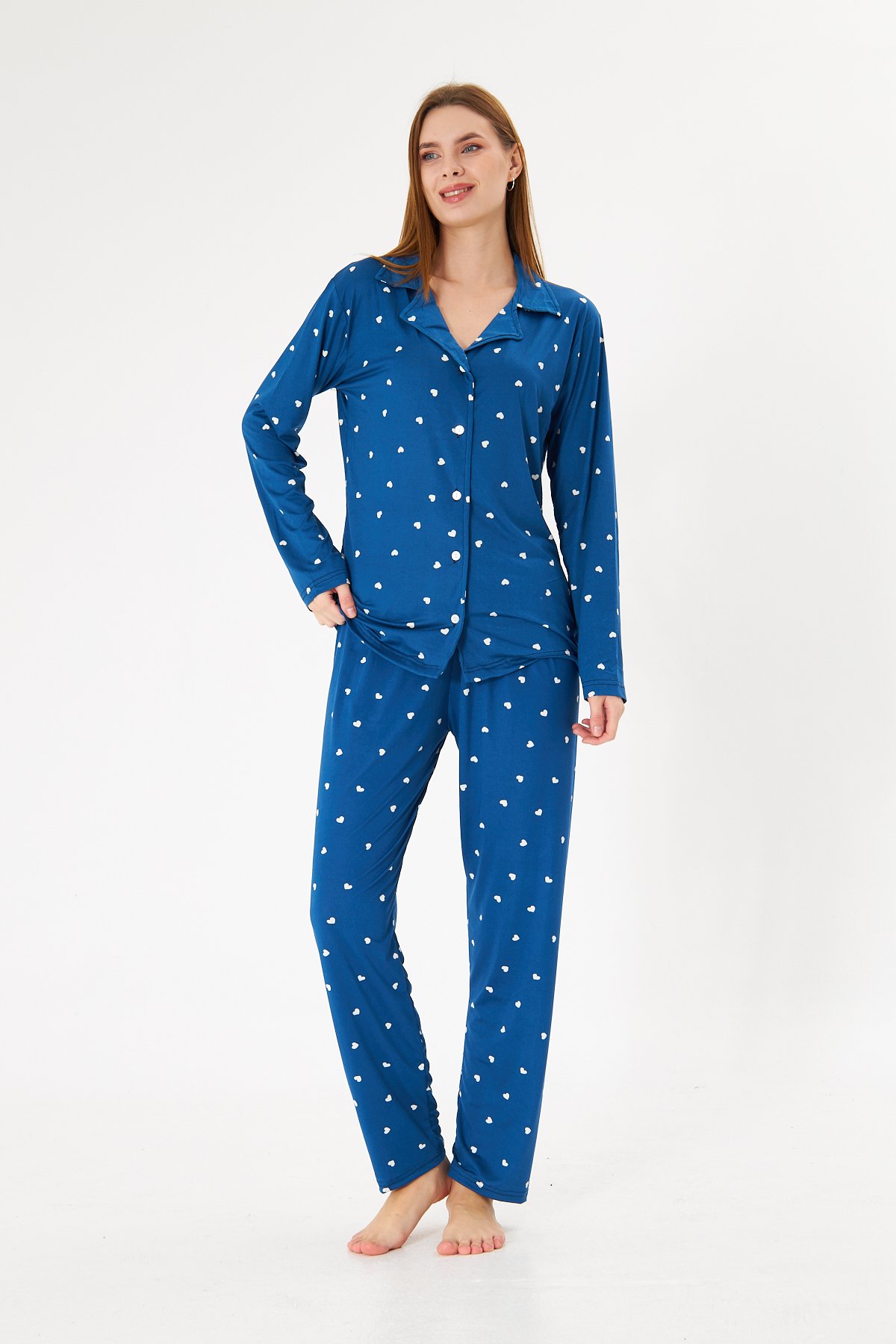 Lara Candy Blue Heart Pamuklu Uzun Kollu Pijama Takımı