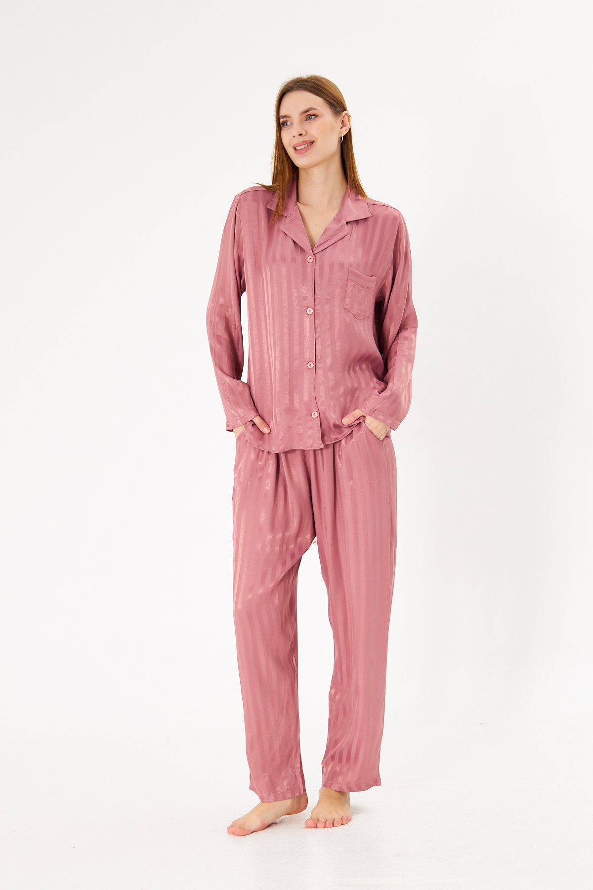 Lara Pink Premium %100 Pamuk Saten Uzun Kollu Pijama Takımı