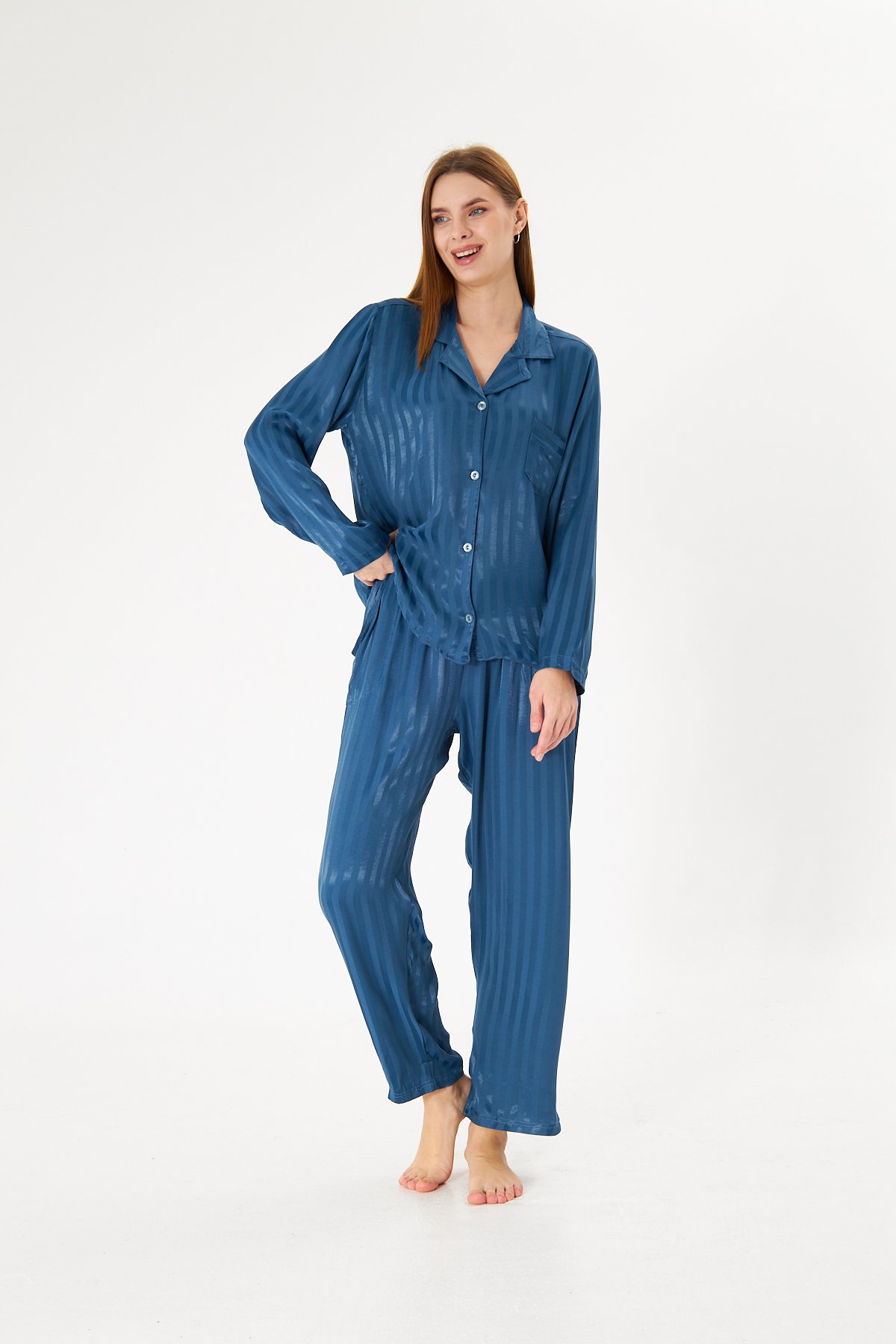 Lara Blue Premium %100 Pamuk Saten Uzun Kollu Pijama Takımı