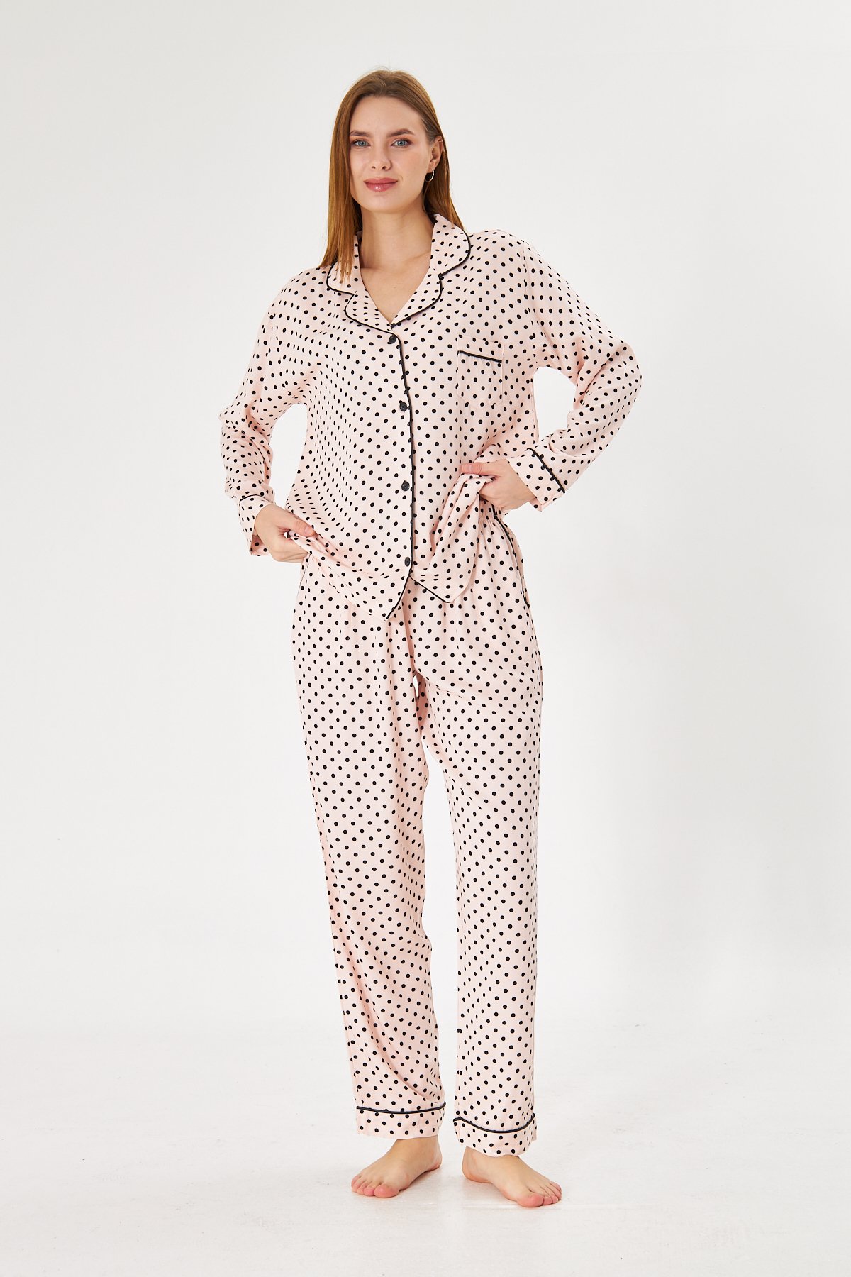 Lara Pink Polka Premium %100 Pamuk Saten Uzun Kollu Pijama Takımı