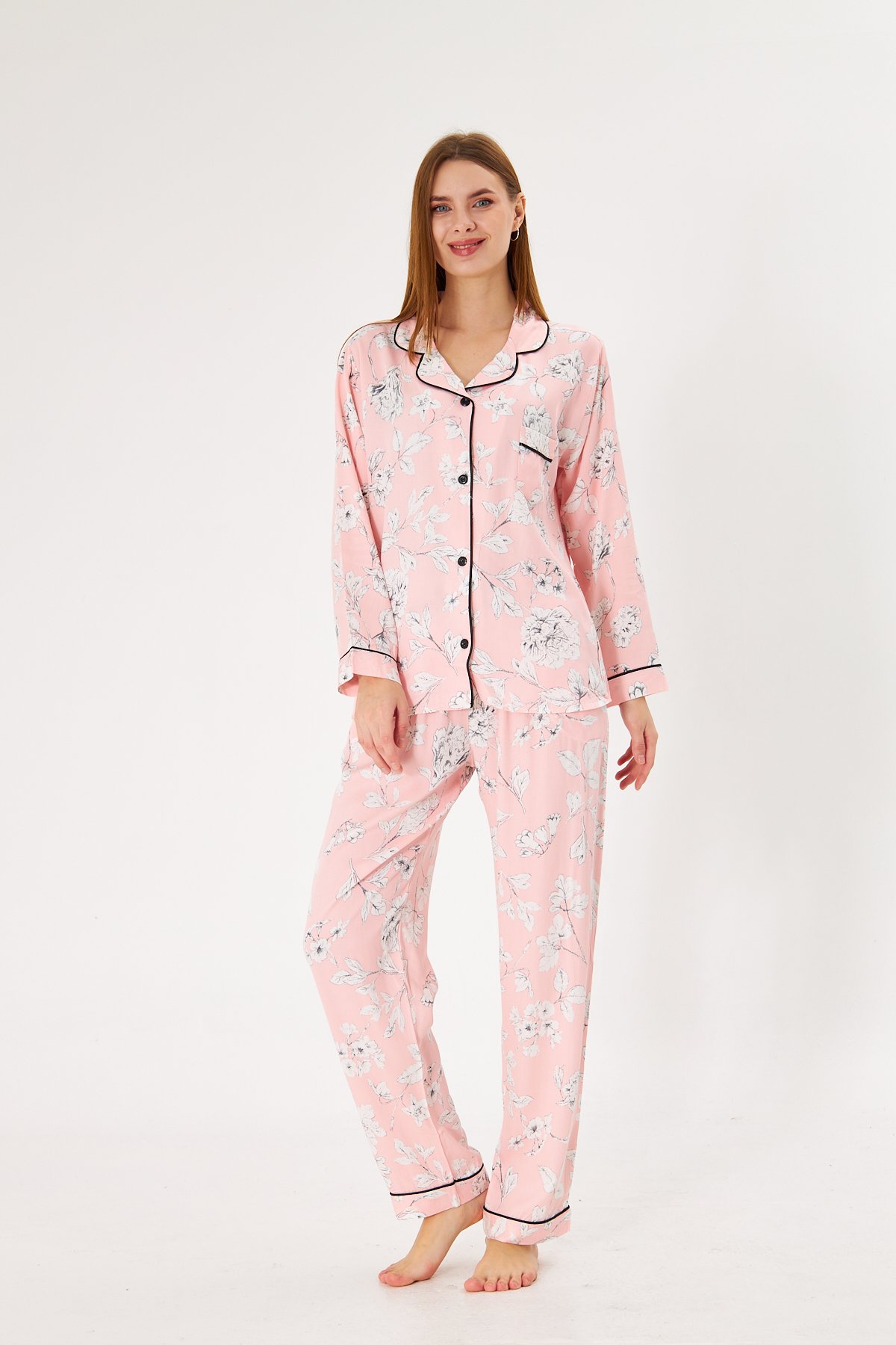 Lara Pink Flower Premium %100 Pamuk Saten Uzun Kollu Pijama Takımı