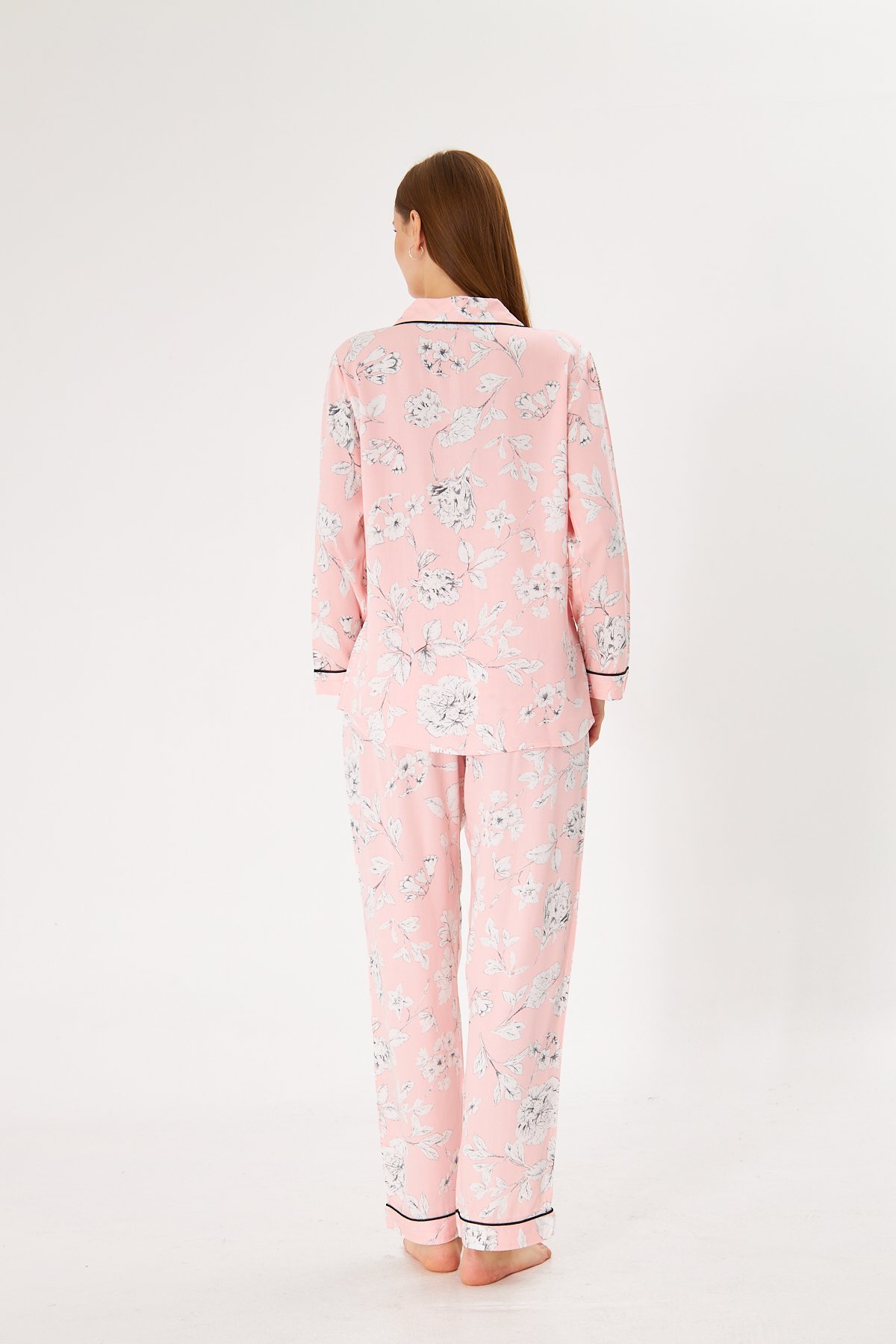 Lara Pink Flower Premium %100 Pamuk Saten Uzun Kollu Pijama Takımı