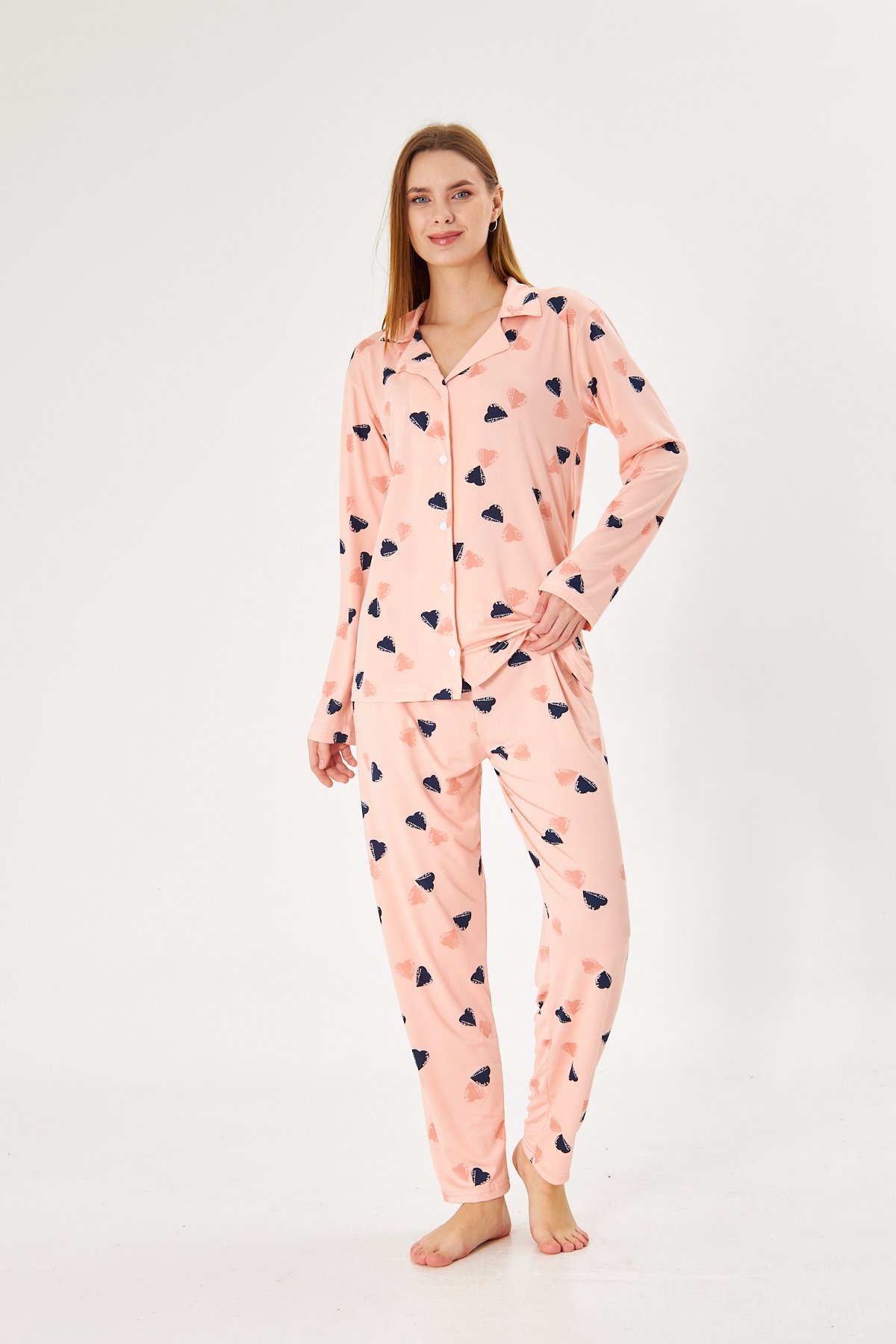 Lara Candy Pink Heart Pamuklu Uzun Kollu Pijama Takımı