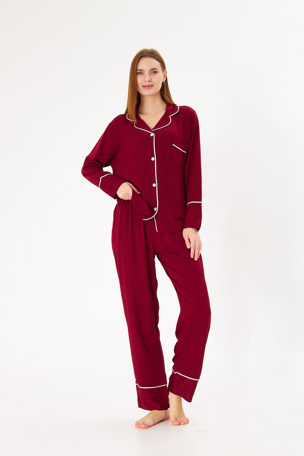 Lara Bordo Elit Premium %100 Pamuk Saten Uzun Kollu Pijama Takımı