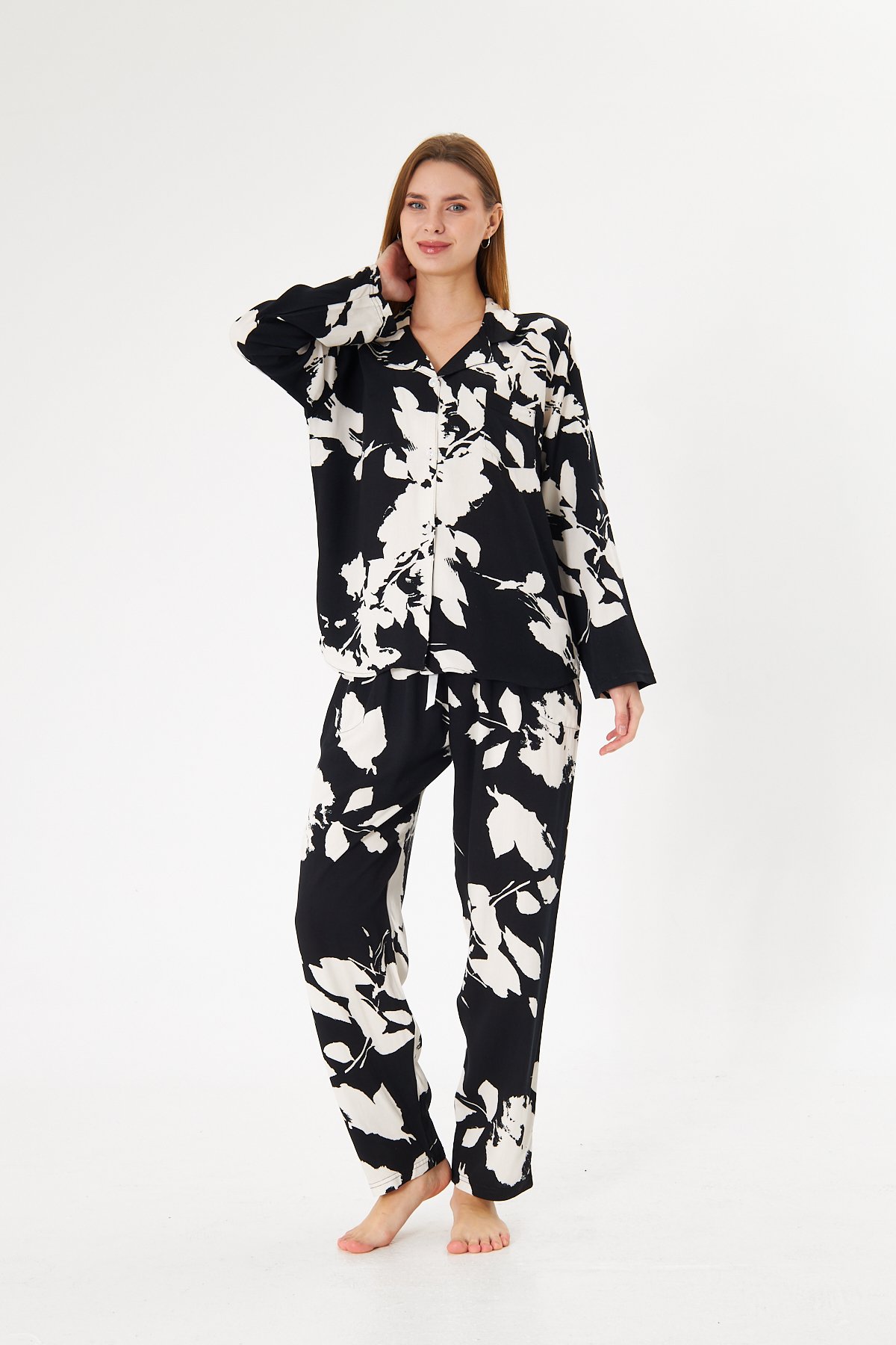 Lara Black Flower Premium %100 Pamuk Saten Uzun Kollu Pijama Takımı