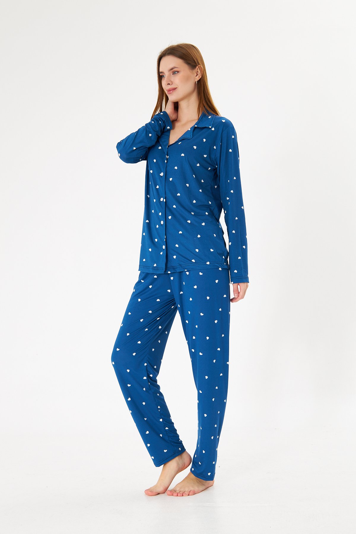 Lara Candy Blue Heart Pamuklu Uzun Kollu Pijama Takımı