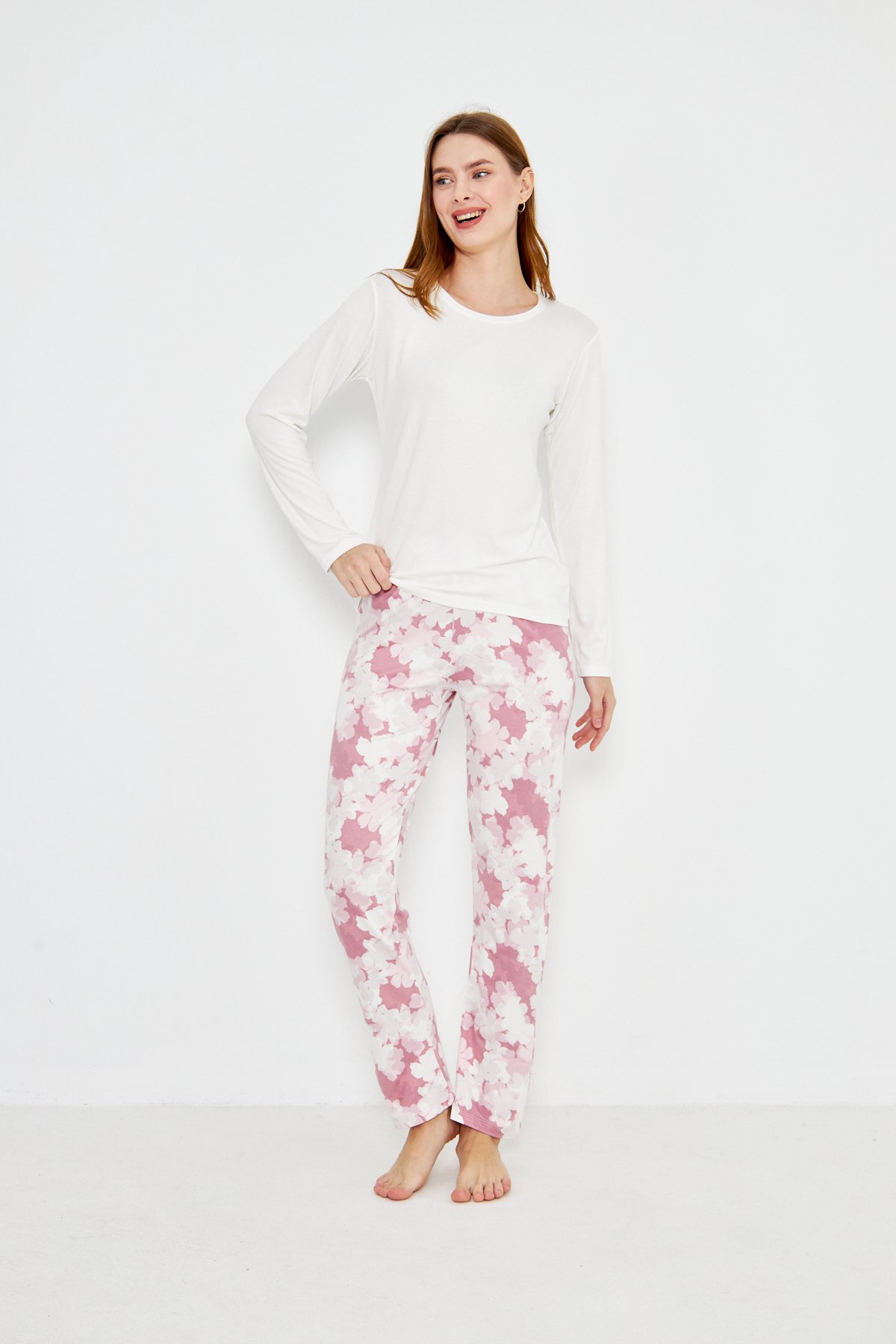 Lara Pink Flower Soft %100 Pamuk Uzun Kollu Pijama Takımı