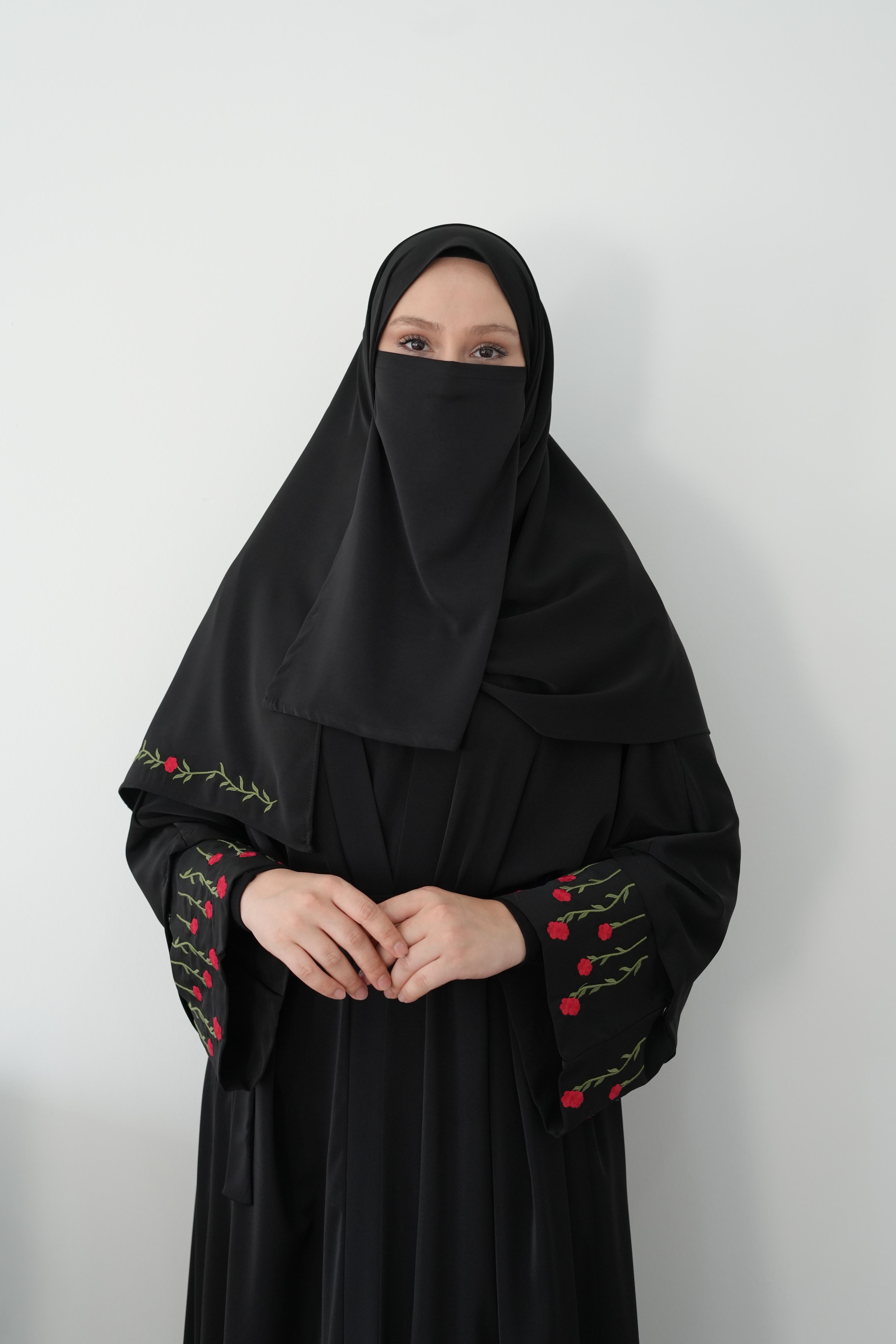 Kırmızı Nakışlı Abaya (jile+şal+kolluk)