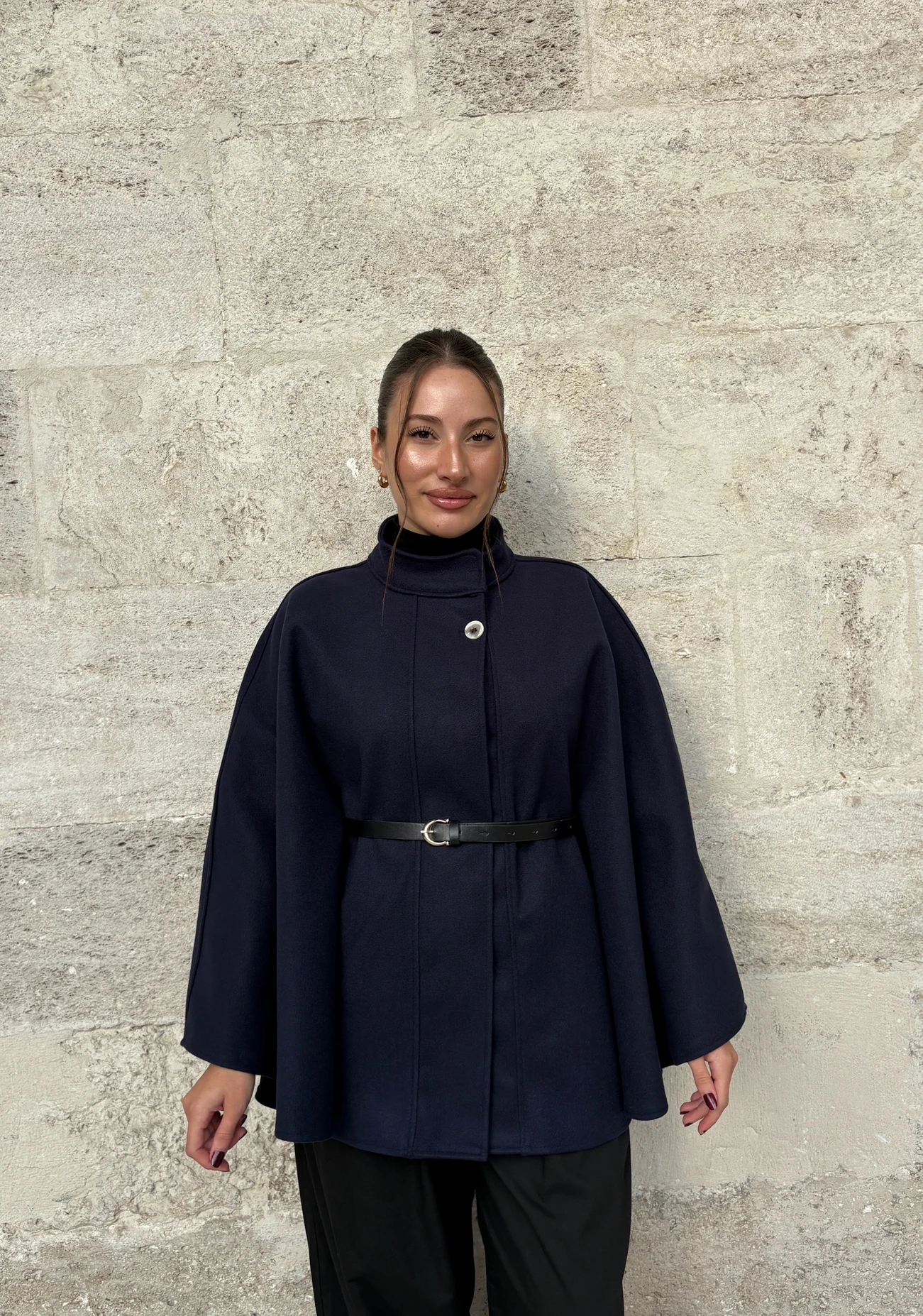 KEMERLİ KAŞE PANÇO - LACİVERT