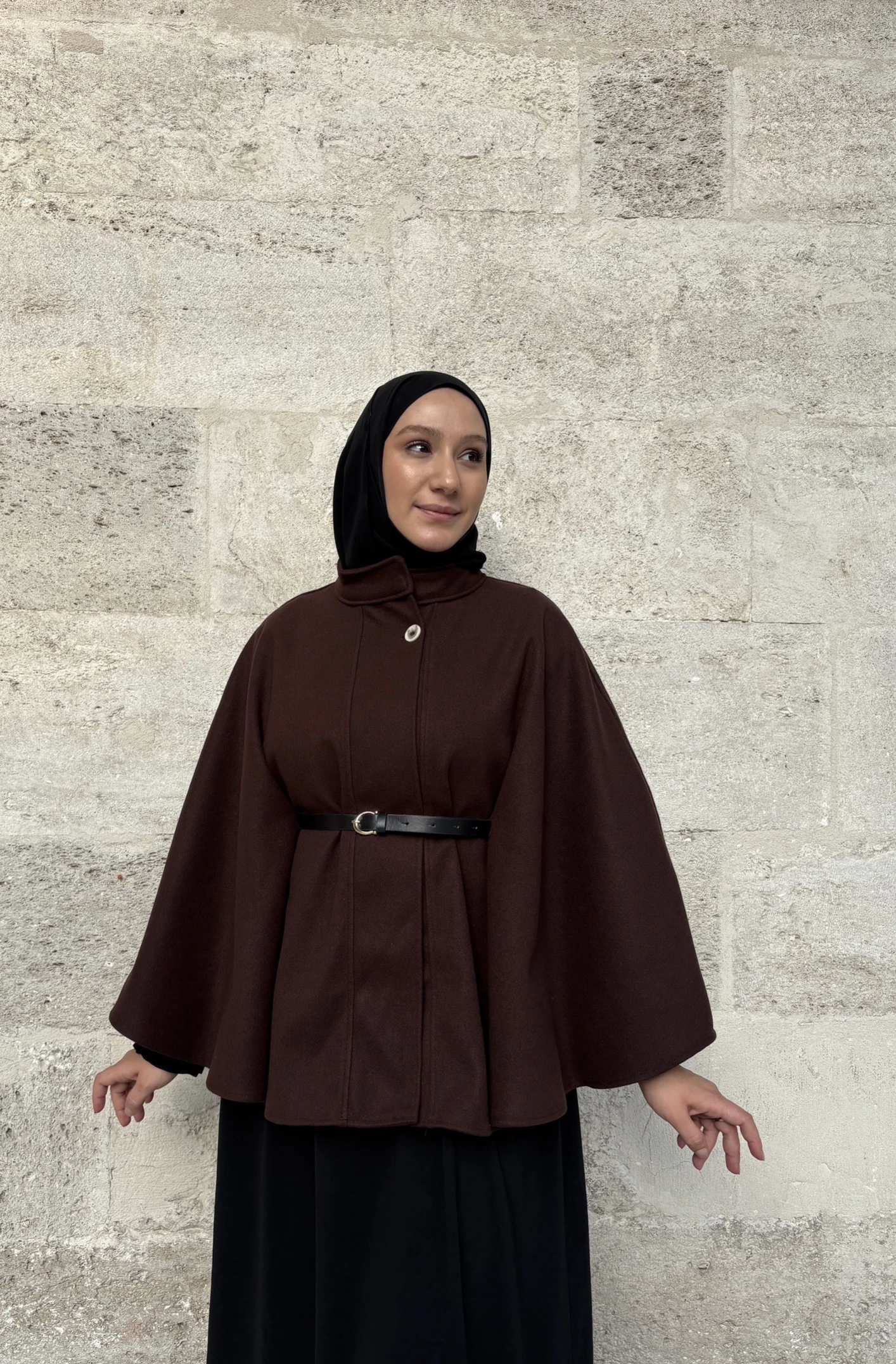 KEMERLİ KAŞE PANÇO - KAHVERENGİ